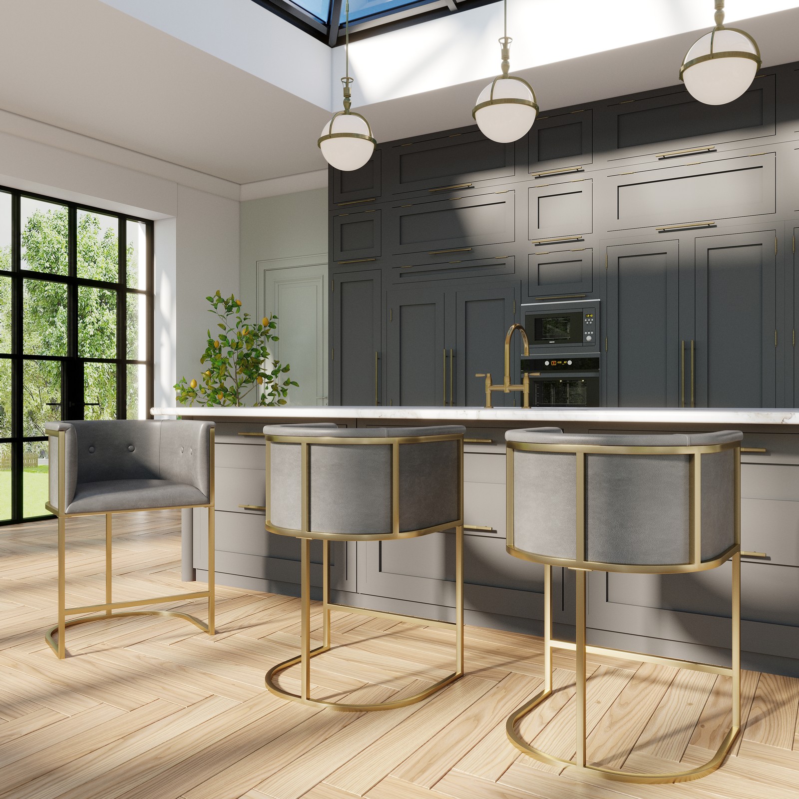 Manhattan 26" Counter Stool – Gray Faux Leather with Brass-Finish Metal Base