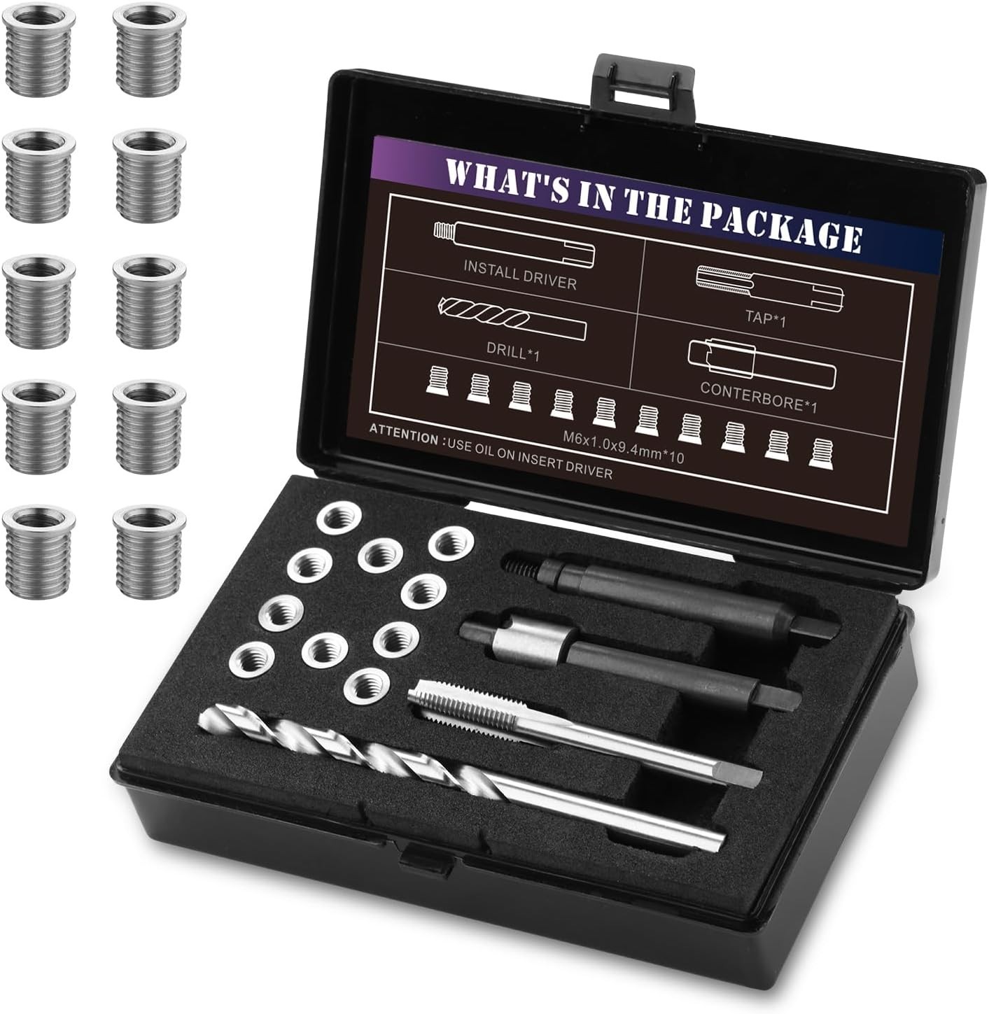 M6X1.0 Thread Repair Kit with 9.4mm Insert HSS Drill, Tap, Installation Driver