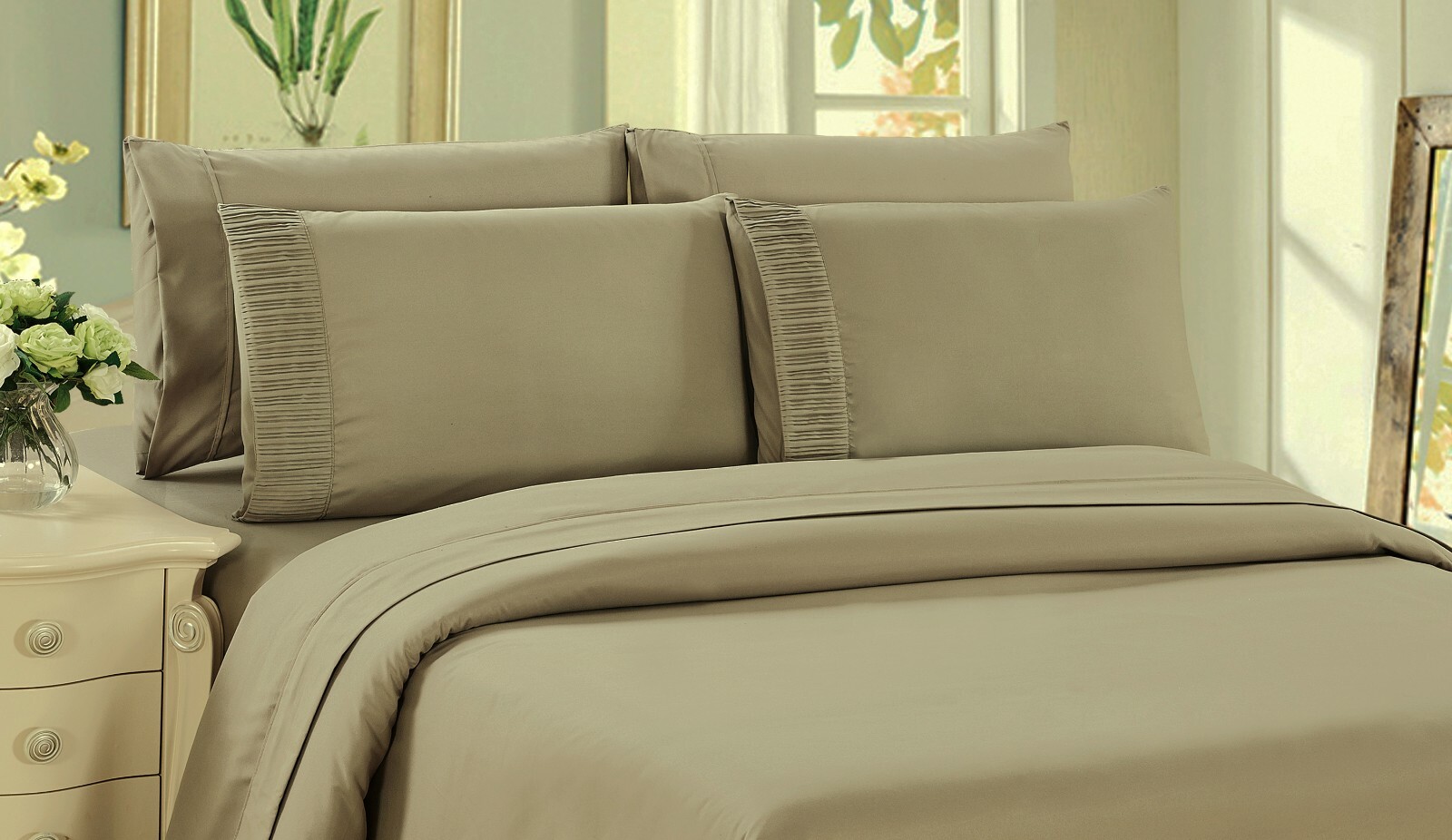 Bamboo 6 Piece Bedding Super Soft Wrinkle Free Sheet Set, Double Full, Taupe