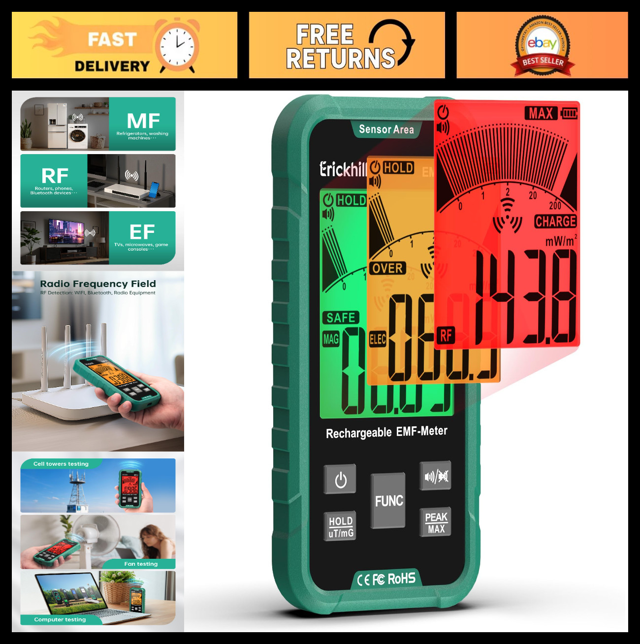 3-in-1 Portable EMF Meter & Radiation Detector for RF, EF, MF, WiFi - Rechargeab