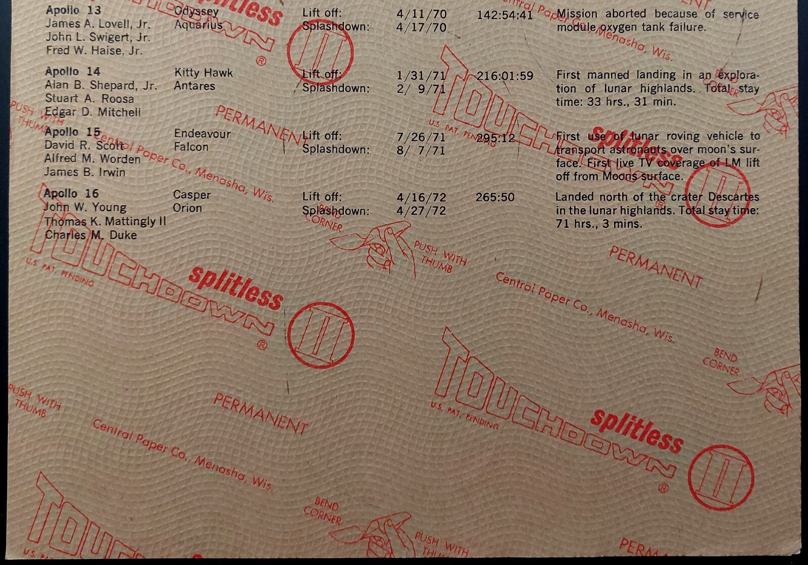 Apollo 7 thru Apollo 16 Space Mission emblems permanent decals 8 x 10 sheet!