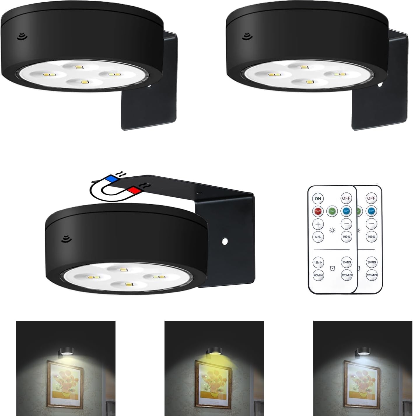 3Pcs Battery Operated Picture Light, Magnetic Painting Light with Remote, Dim...