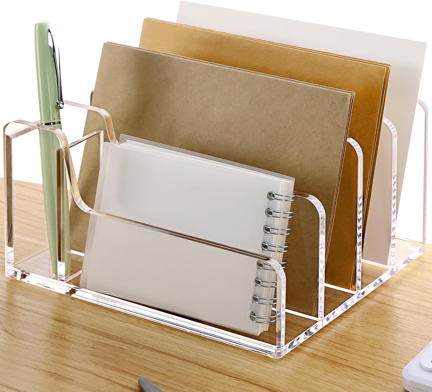 Acrylic Mail Organizer 5Compartments File Holder Desk Letter Sorter W/Pen Holder