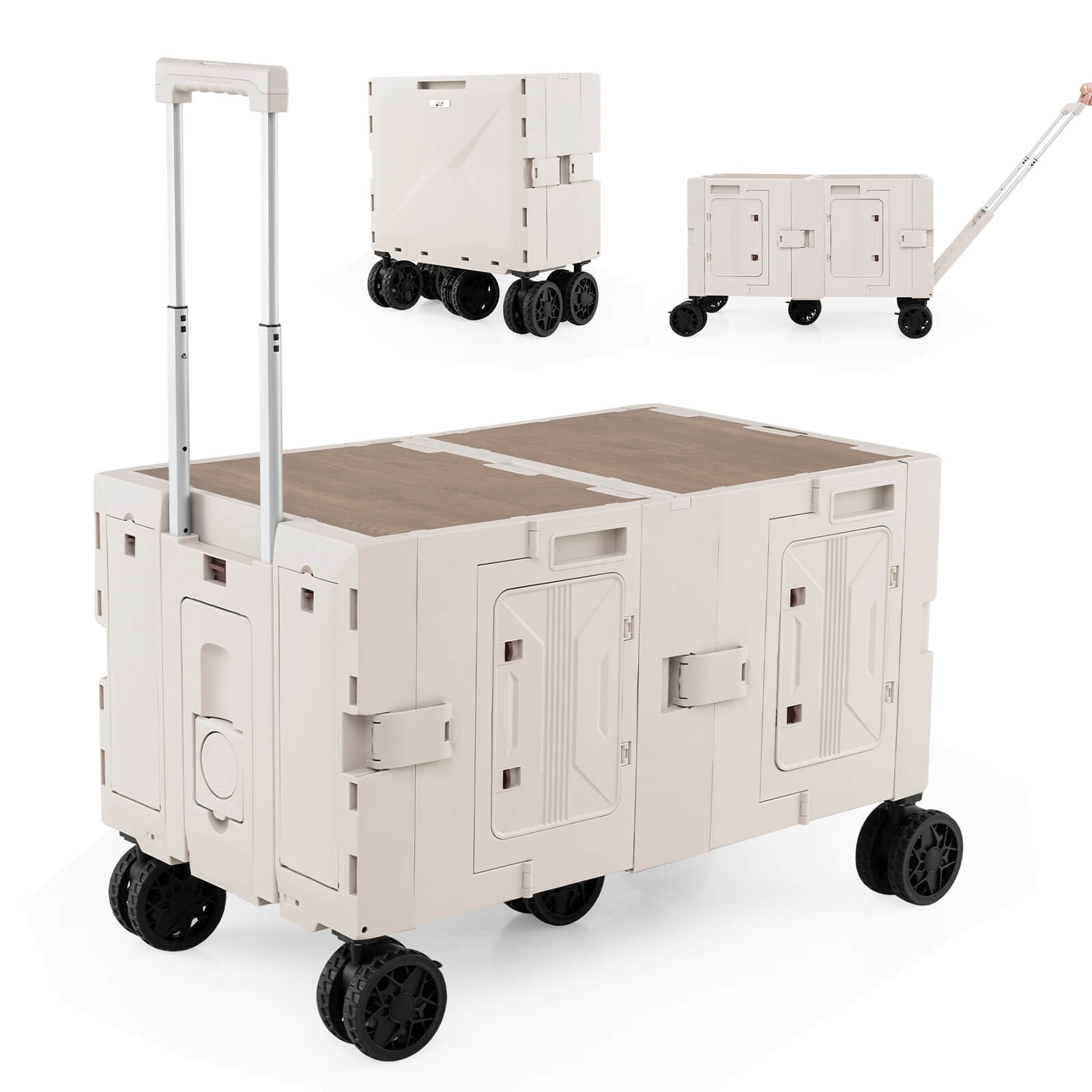 Large Foldable Utility Cart w/ 2-Tier Storage Crates 5 Rotate Wheels Metal