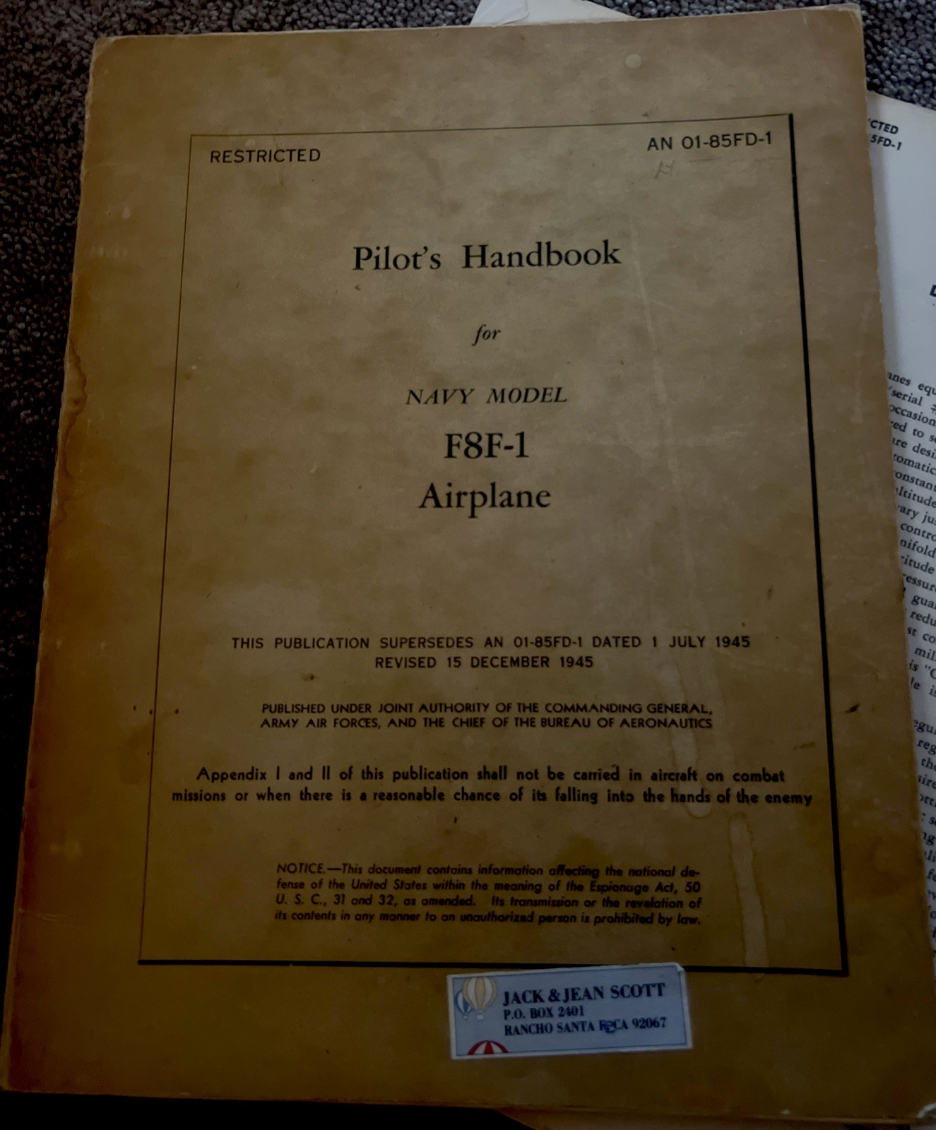 Original  F8F-1  1946 Pilot's Handbook