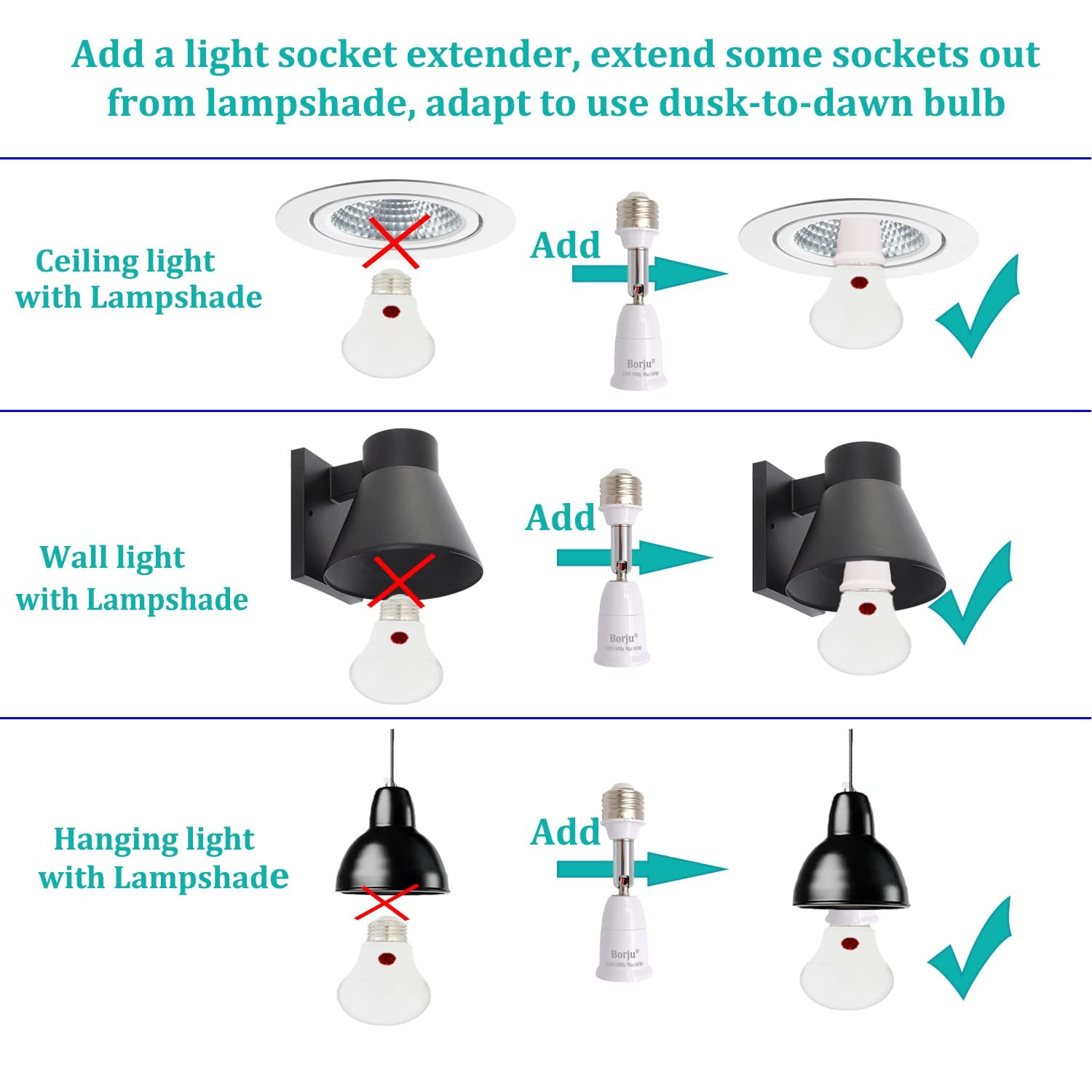 Light Socket Extender [2-Pack], 4.5 Inch Extension, 360° White