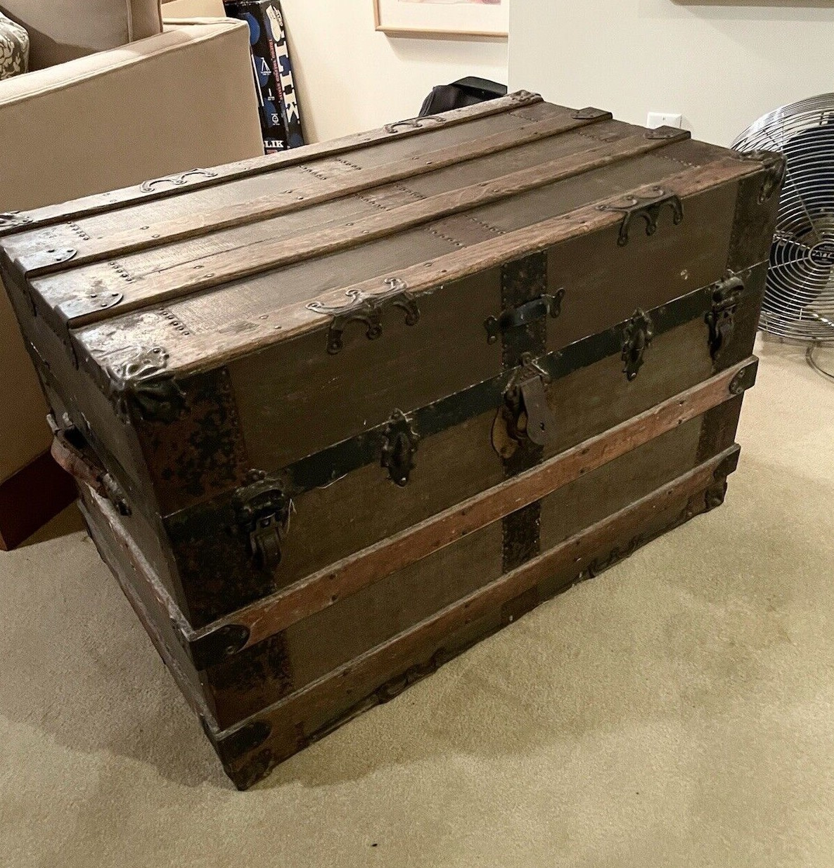Early 20th Century Fully Fitted Flat Top Steamer Trunk Cunard Christiania Label