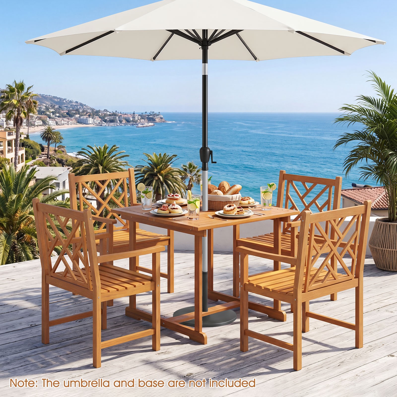 35.5" Acacia Wood Outdoor Dining Table for 4 w/Umbrella Hole Reinforced Crossbar
