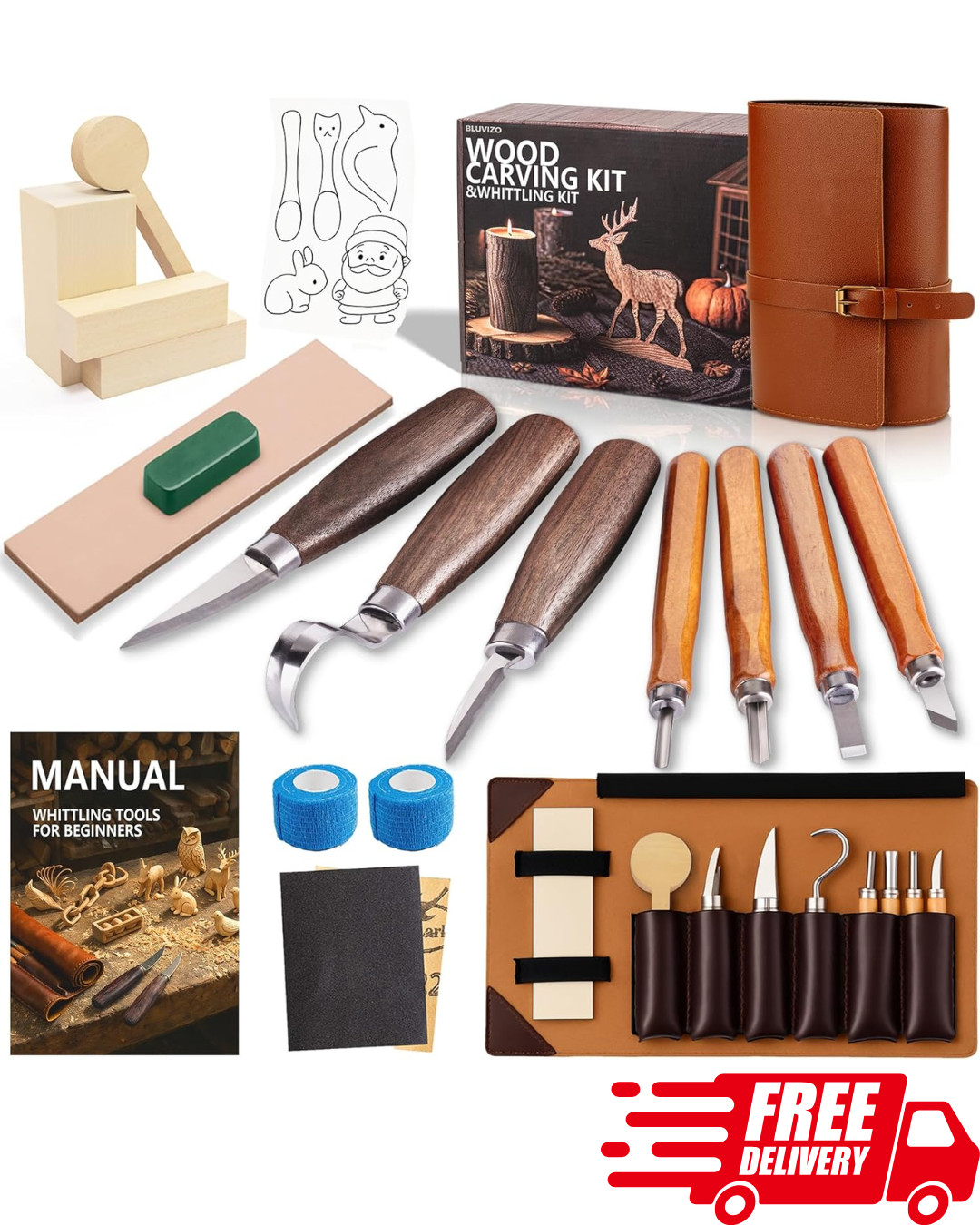 Wood Carving Kit - Deluxe Whittling Tools Set with Leather Case for DIY Art