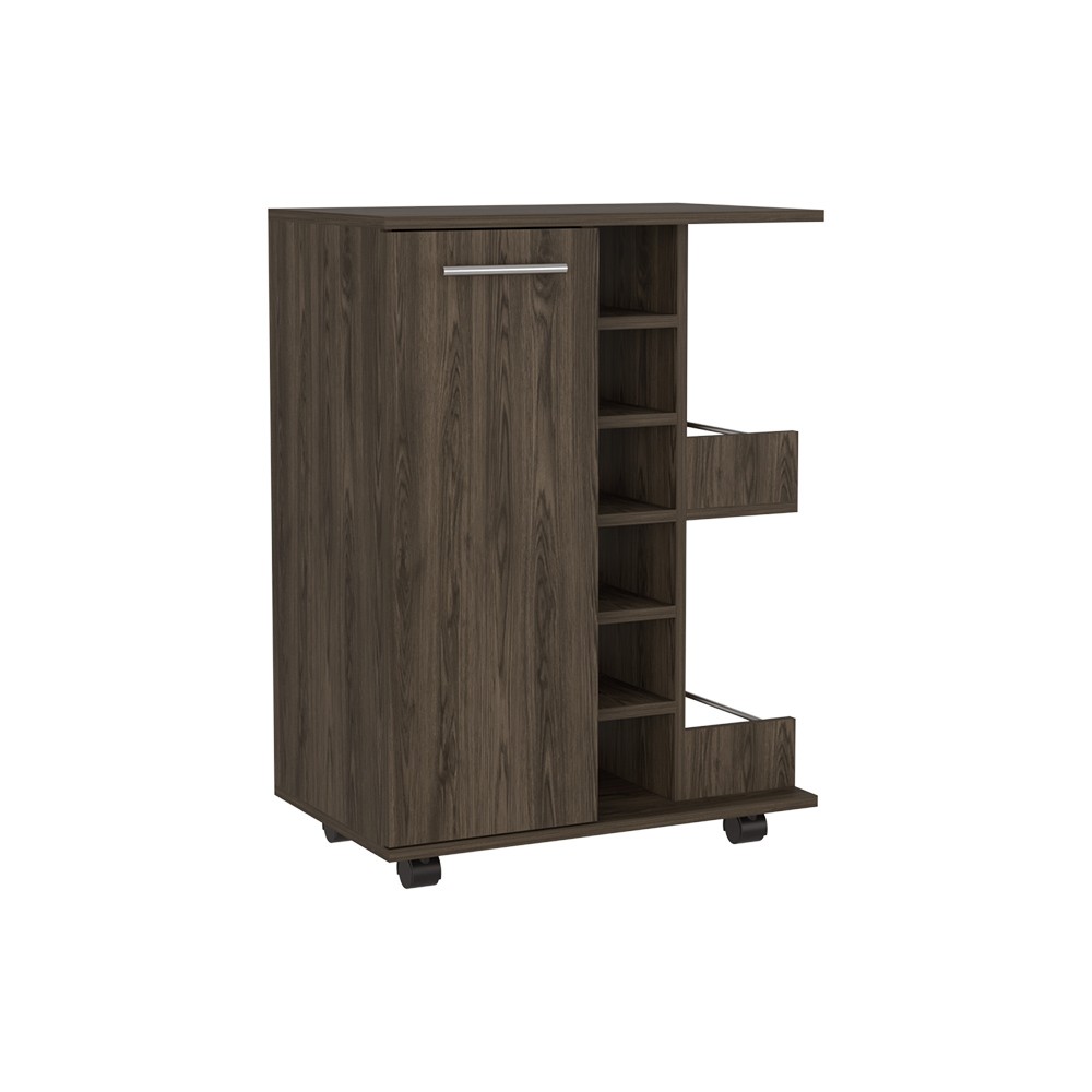 Bar Cart Wells, Four Casters, Dark Walnut Finish