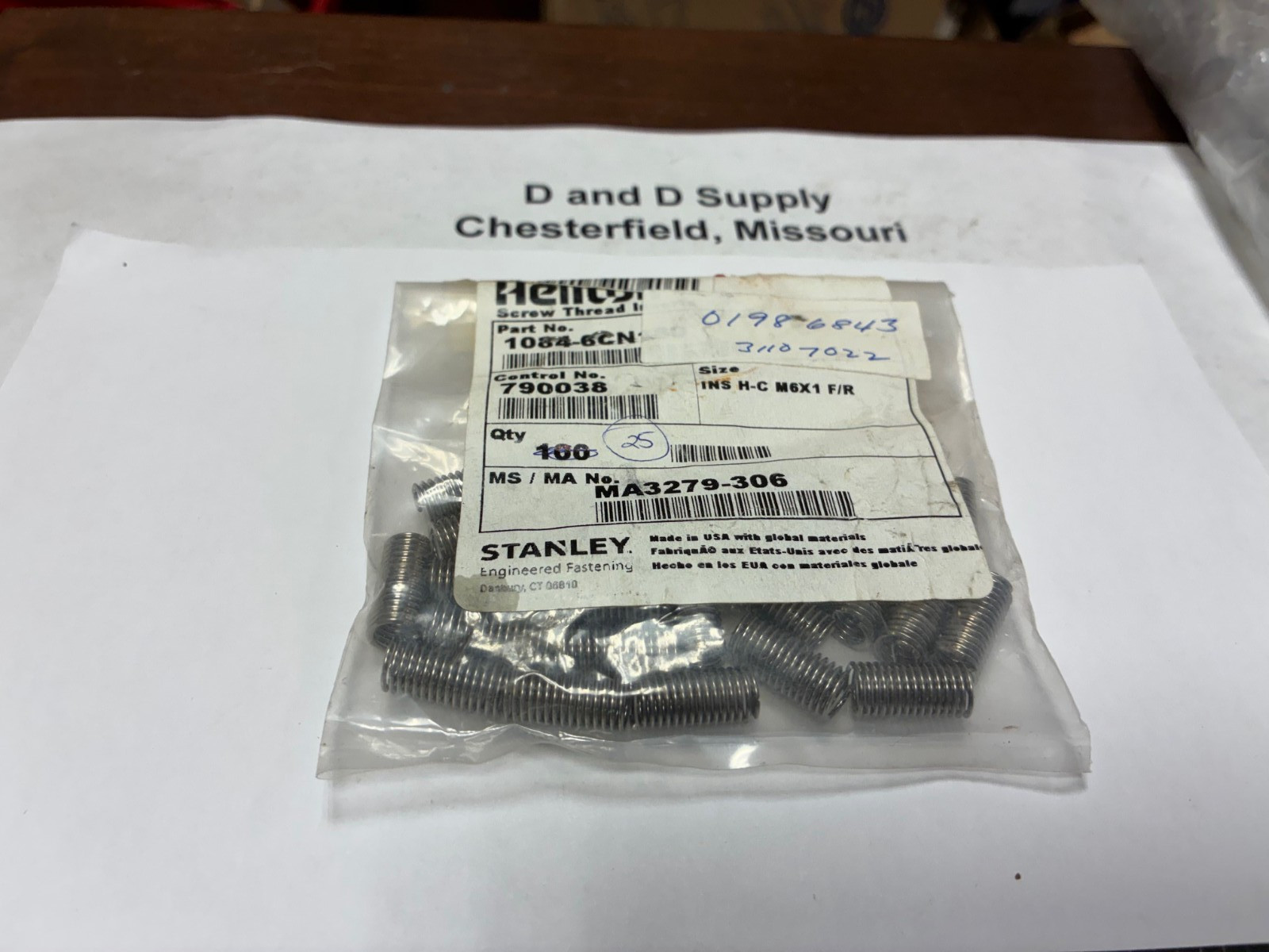 Lot of 25, HELI-COIL A1084-6CN180, Free-Running Tanged Inserts, 304SS, M6x1.00