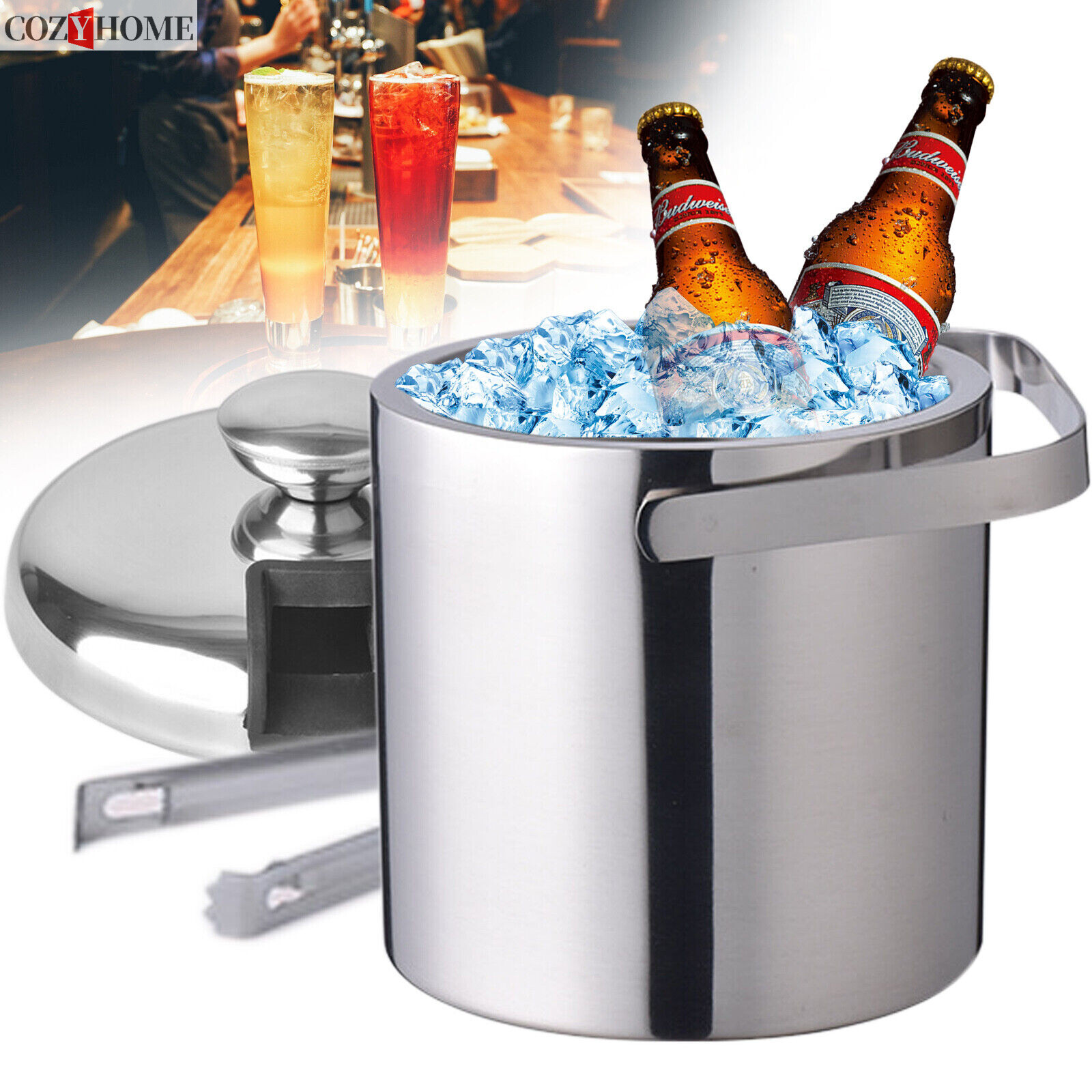 Double-Wall Stainless-Steel Insulated Ice Bucket With Lid and Ice Tong 1300ML