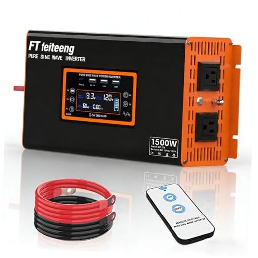 Pure Sine Wave Inverter 12V to 120V AC, Solar Off-Grid & Outdoor 1500W