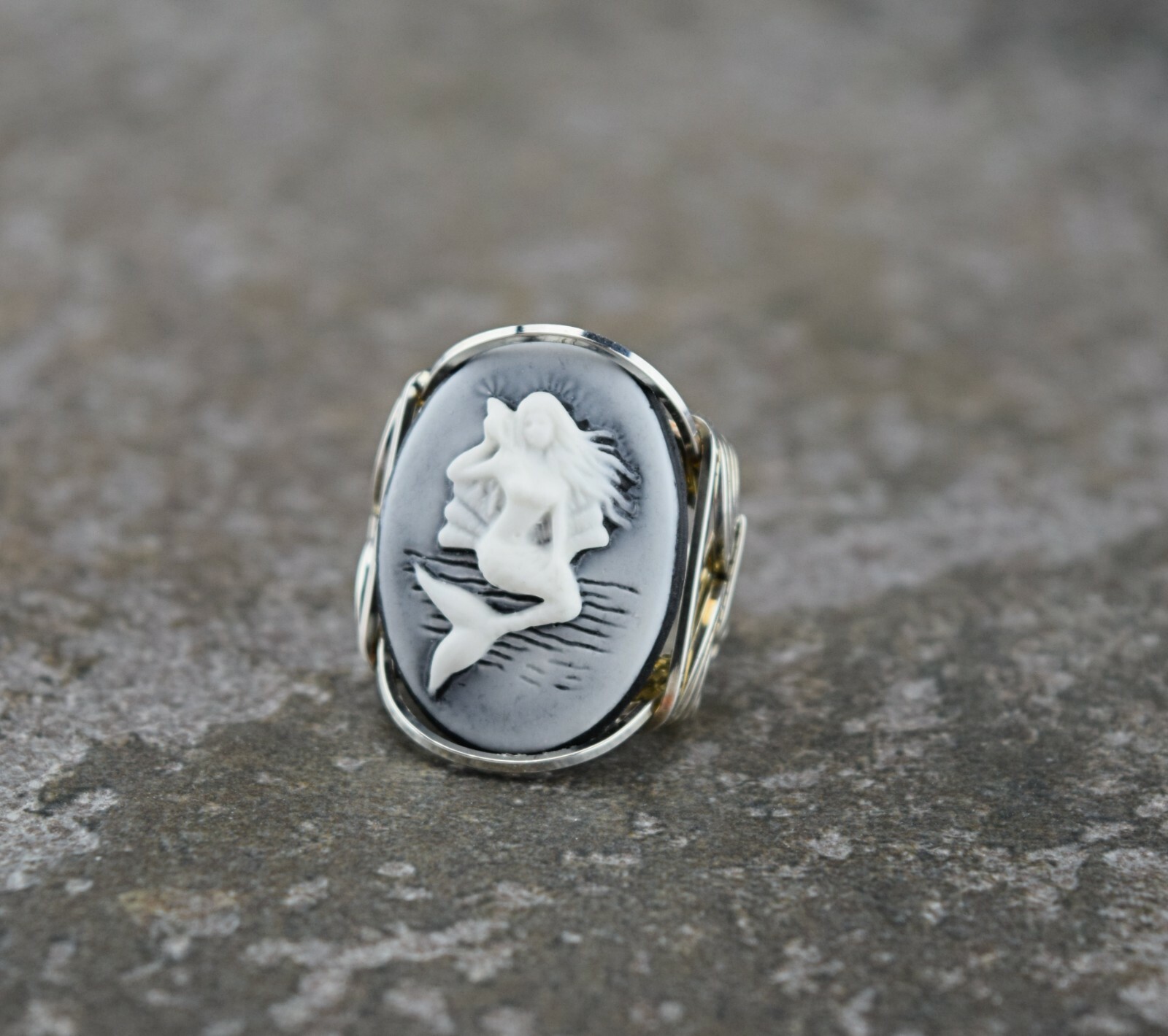 Large Sterling Silver Mermaid Cameo Wire Wrapped Ring