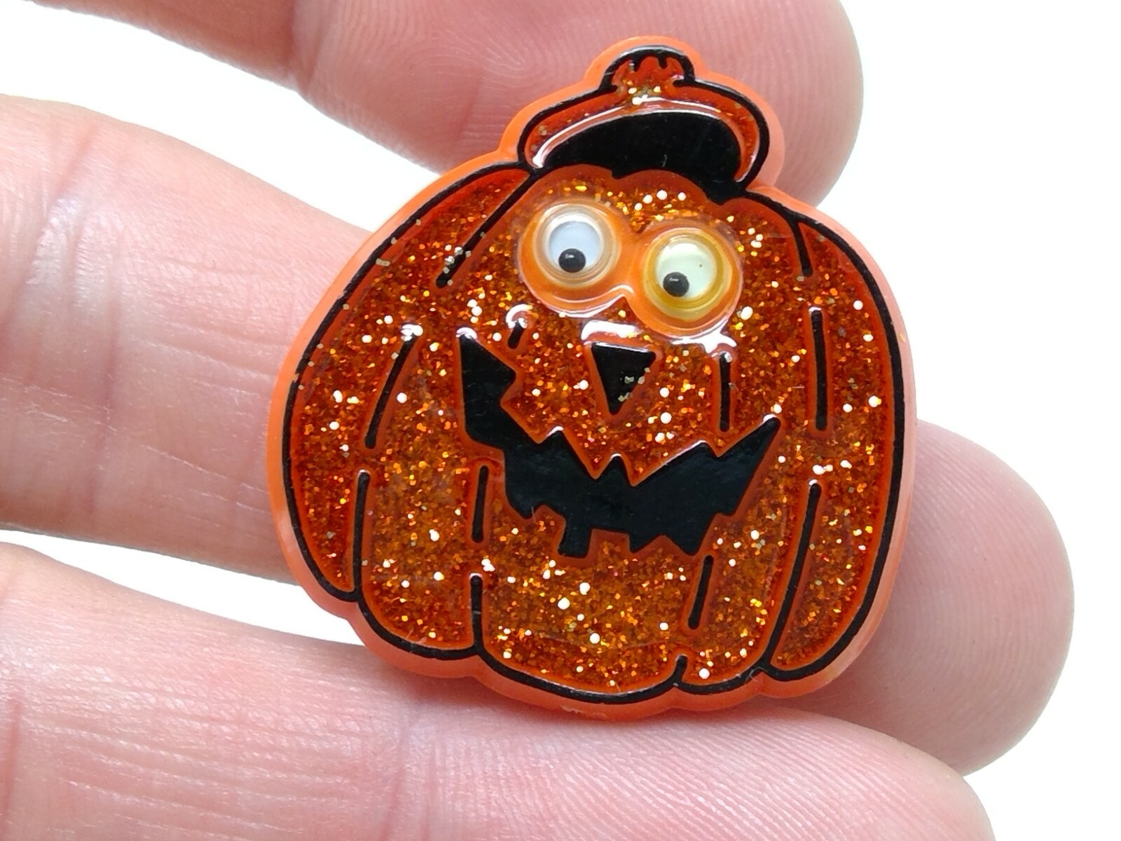1985 Hallmark Lapel Pin - Glitter & Googly Eye Jack O Lantern Pumpkin