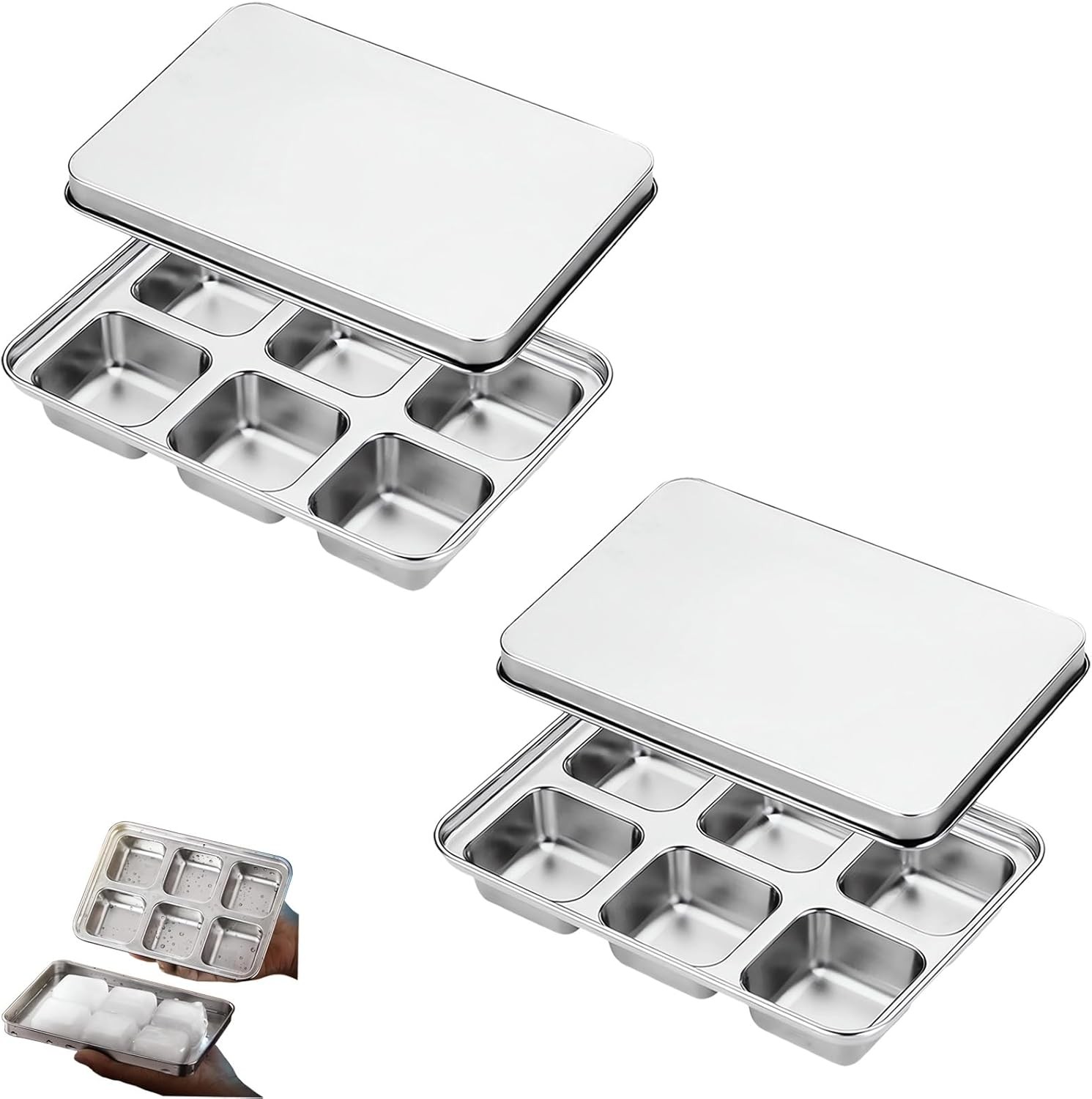 Stainless Steel Ice Cube Trays with Lid, Easy Release Durable Metal Ice Mold for