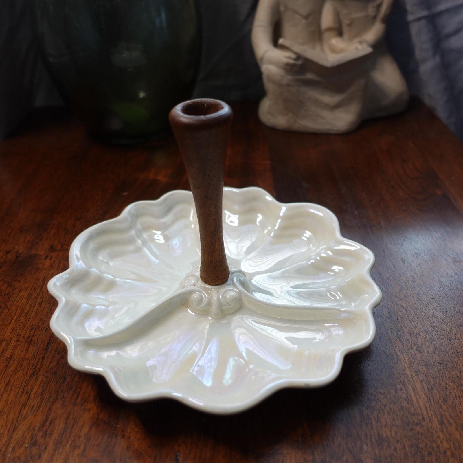 Vintage Maddux Ceramic Tidbit Tray: Iridescent Clam Shell with Wood Centerpiece