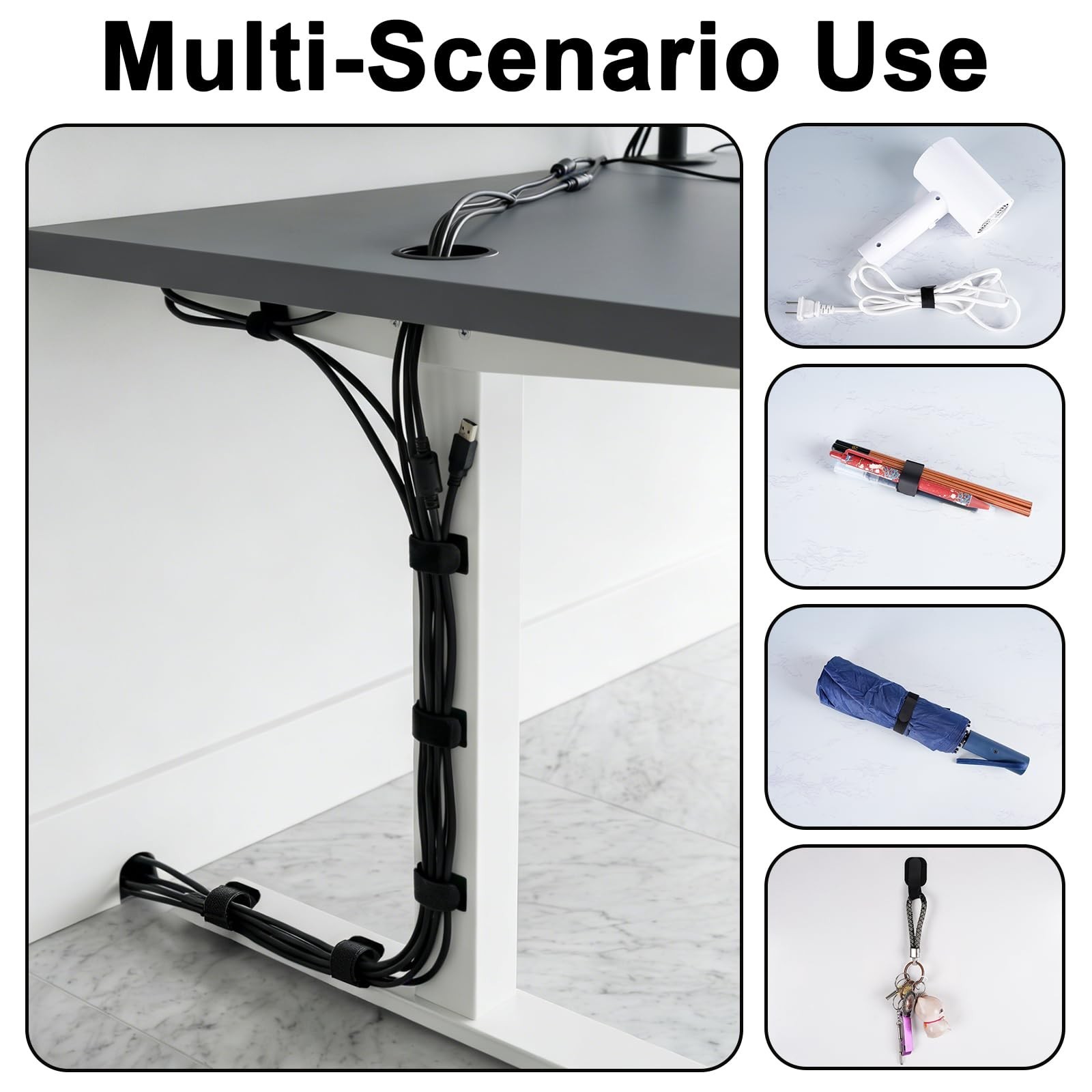 Under Desk Cable Management, Self-Adhesive Hook and Loop Straps, Adjustable R...
