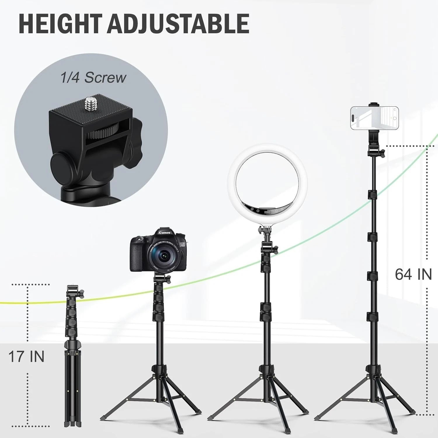 64” Adjustable Tripod with Remote for Cell Phone & Camera - Sturdy & Stable