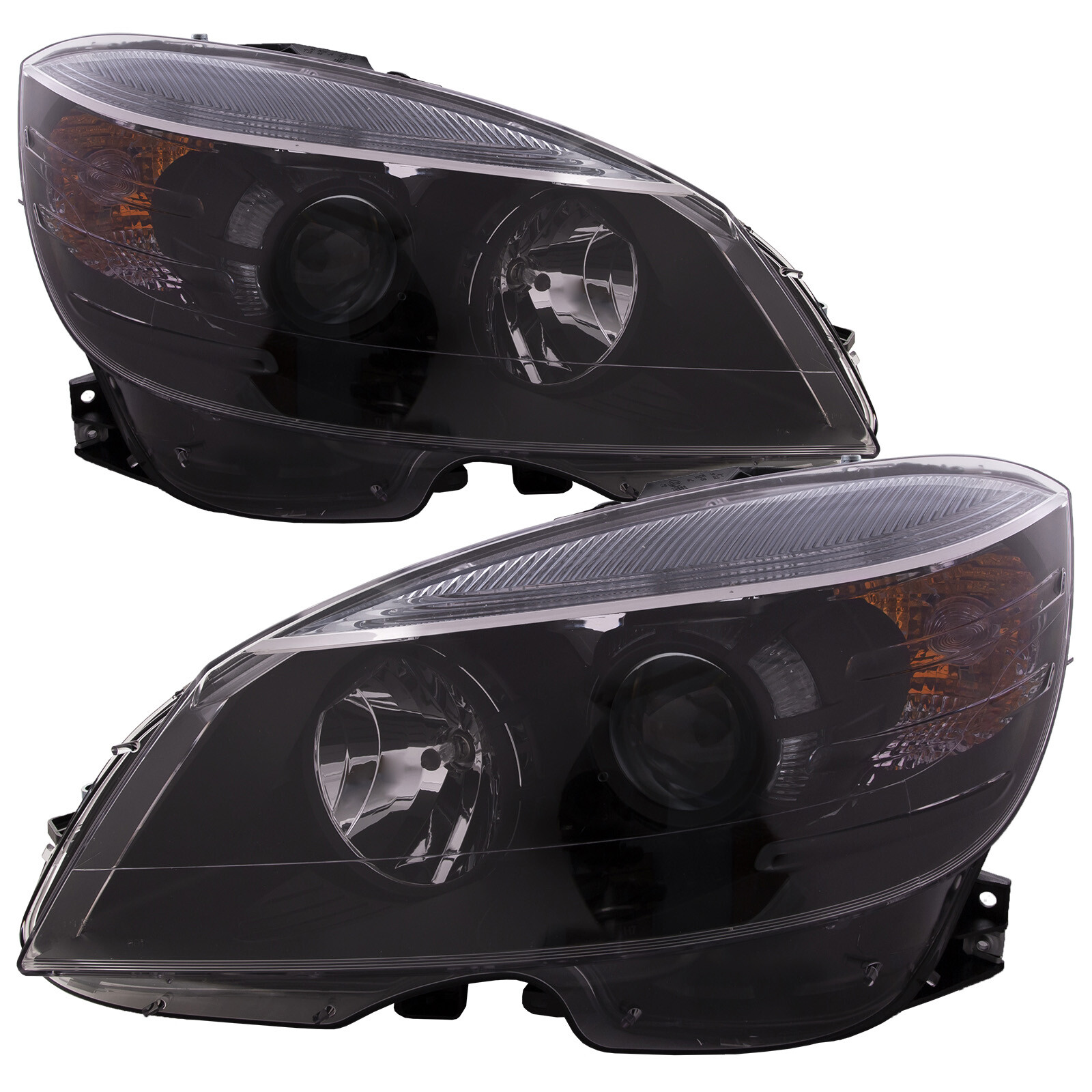 Headlights Set Halogen Black w/ Clear Lens Pair For 2008-2011 Mercedes C Class