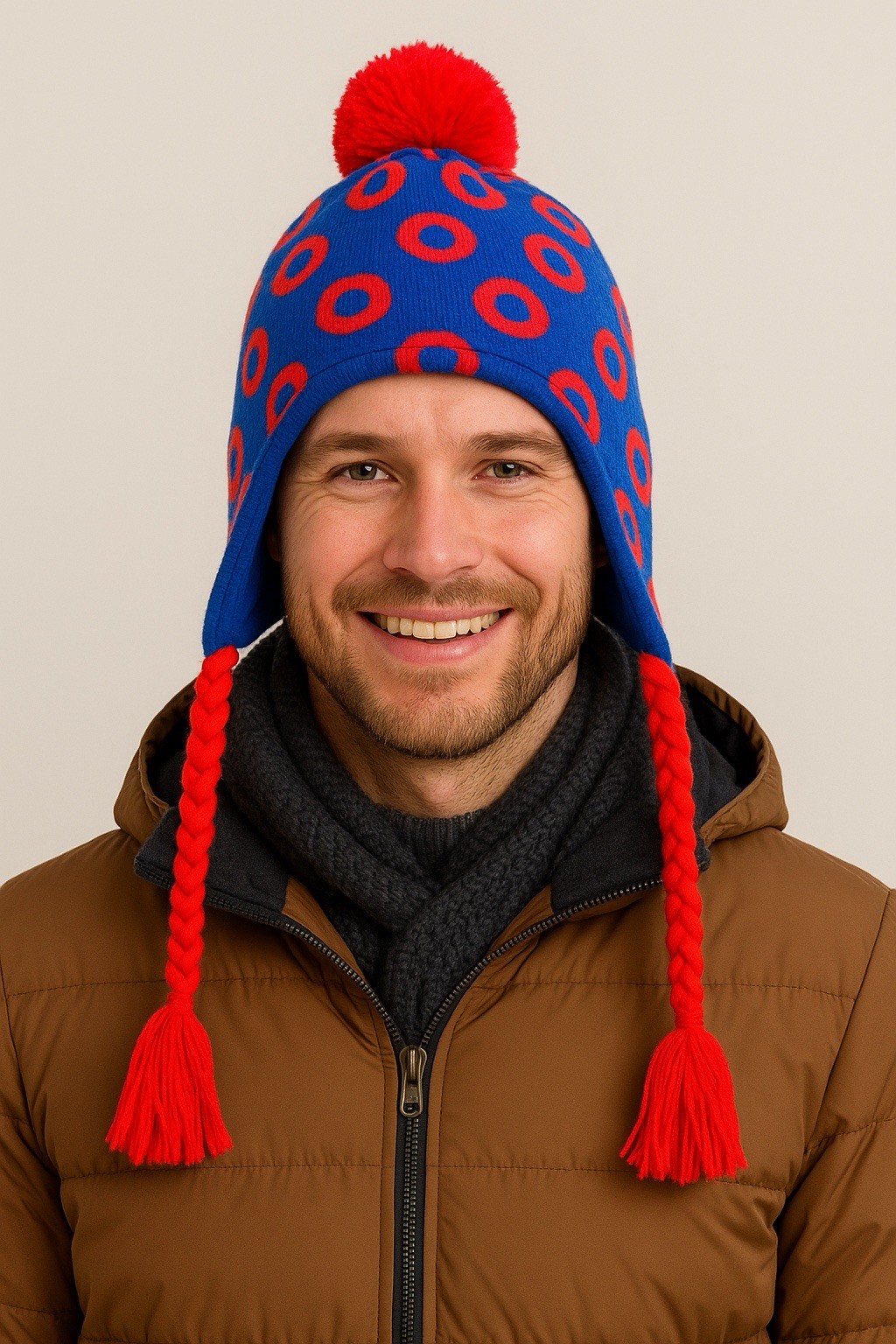 Cozy Blue Red Pom Pom Knit Winter Beanie Hat Après Ski Holiday Unisex Warm Cozy