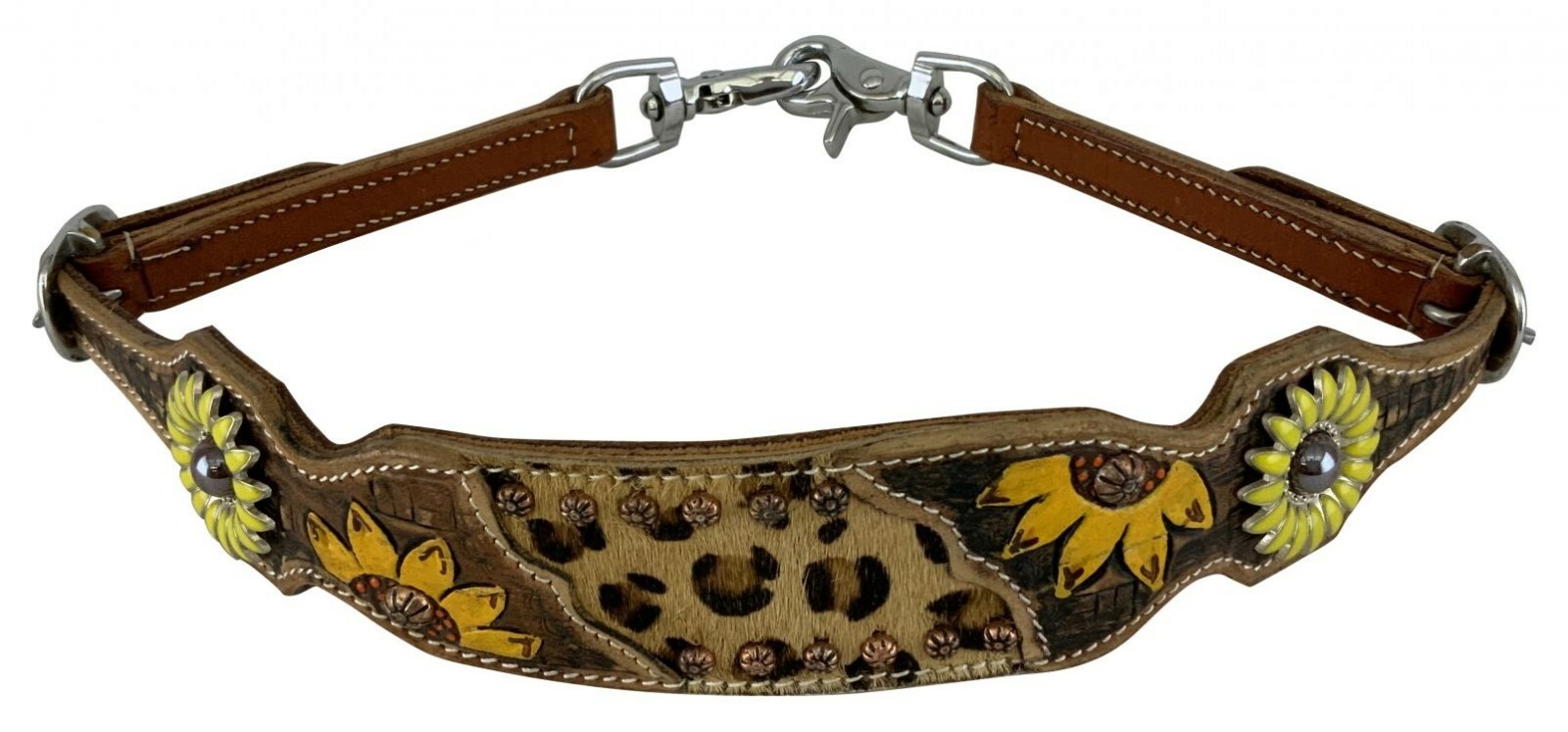 Medium leather SUNFLOWER WITHER STRAP w/ Hair on cheetah center Sunflower concho