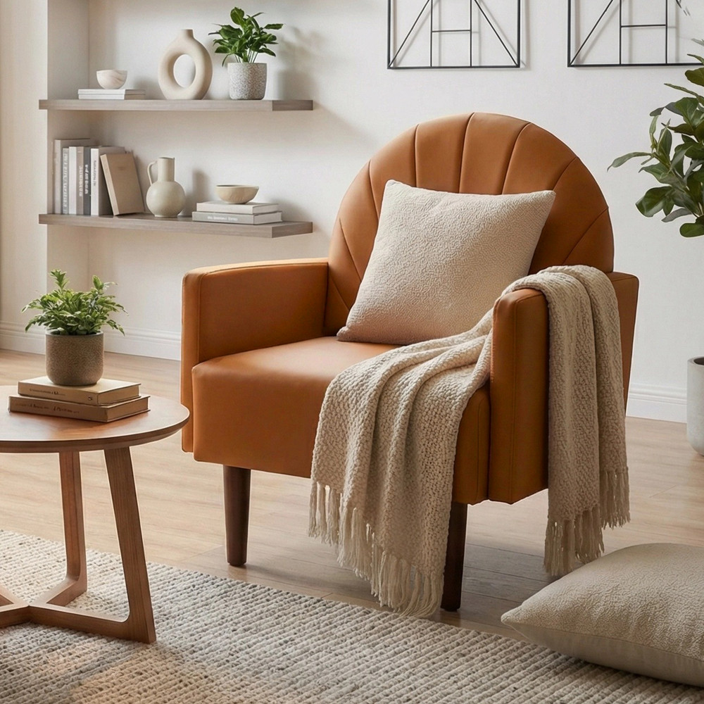 Orange PU Leather Accent Armchair with Plush Pillow & Wood Legs