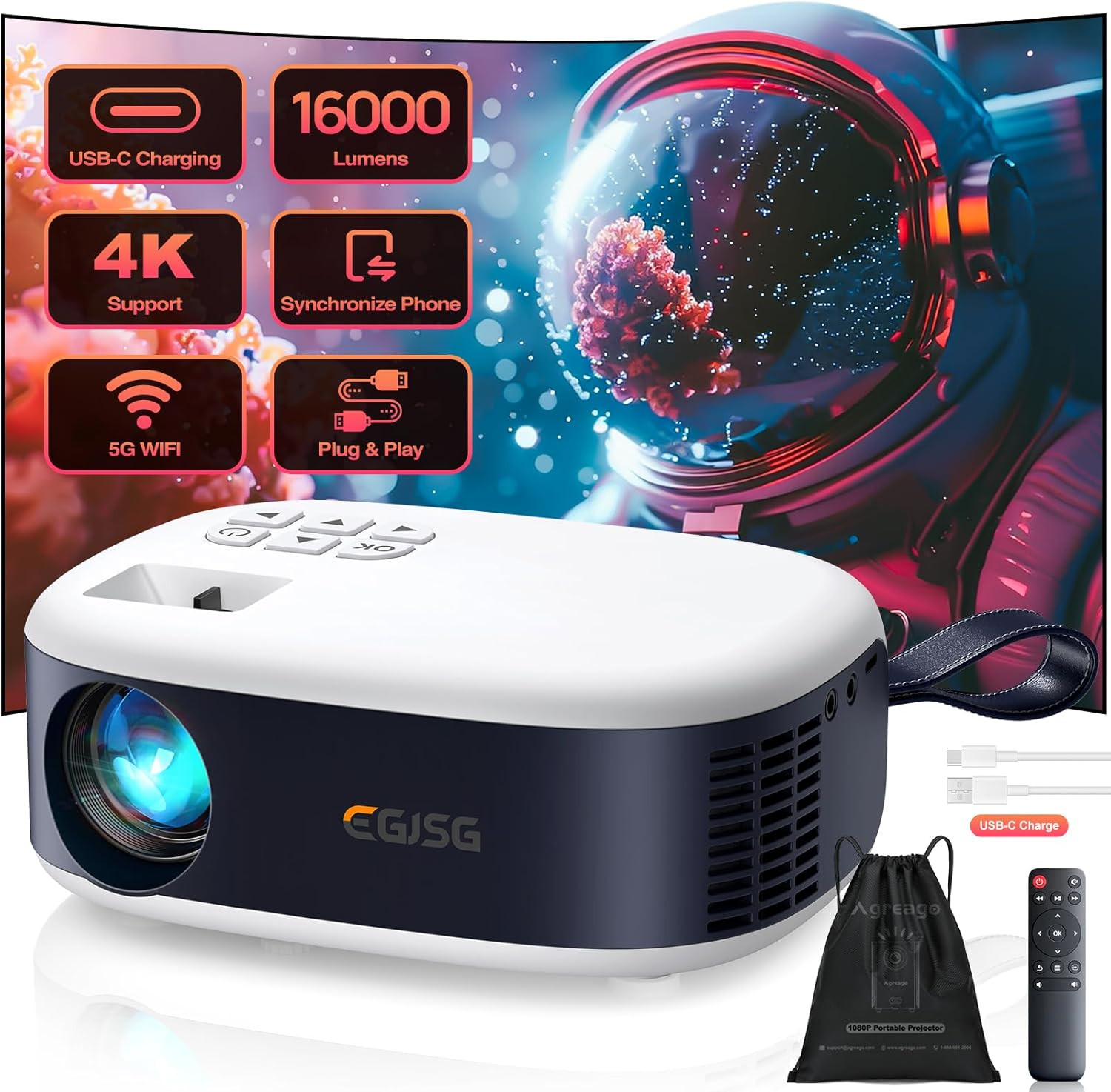 Mini Projector with Wifi and Bluetooth, 1080P/4K Supported Movie Projector with