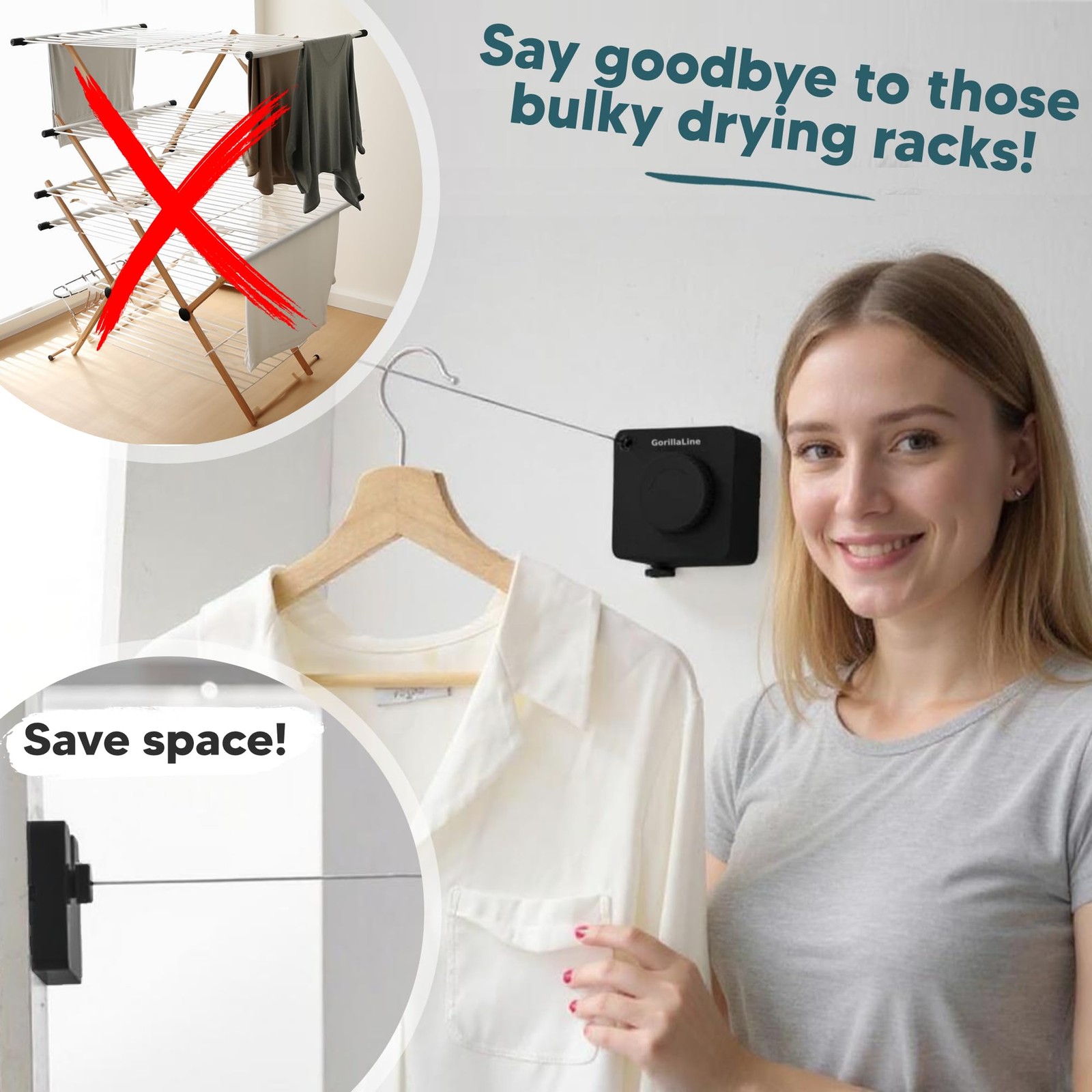 GorillaLine Basic - Retractable Clothesline Indoor Outdoor Clothes Line - Non-Sa