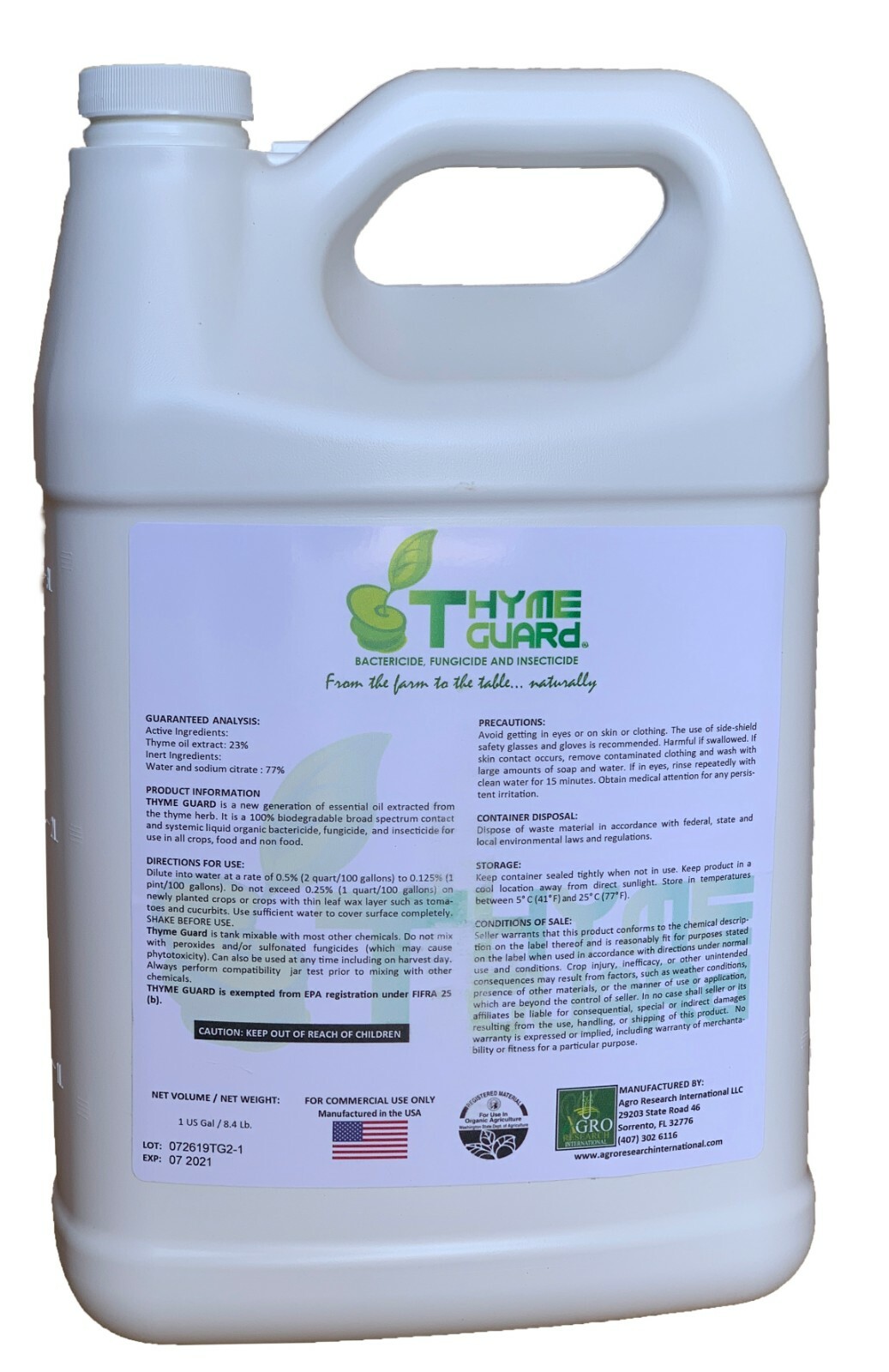 Thyme Guard Organic Bactericide, Fungicide, Insecticide 1 Gallon - Thyme Extract
