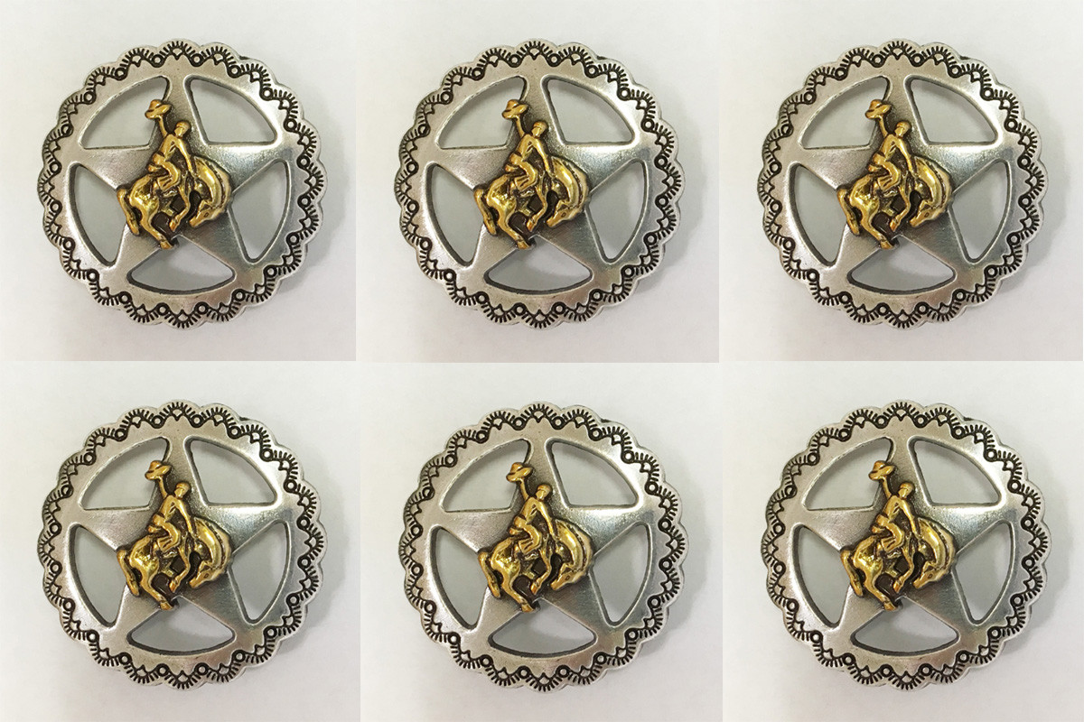 Set of 6 WESTERN HORSE SADDLE TACK ANTIQUE GOLD BRONCO RIDER STAR CONCHOS 1"