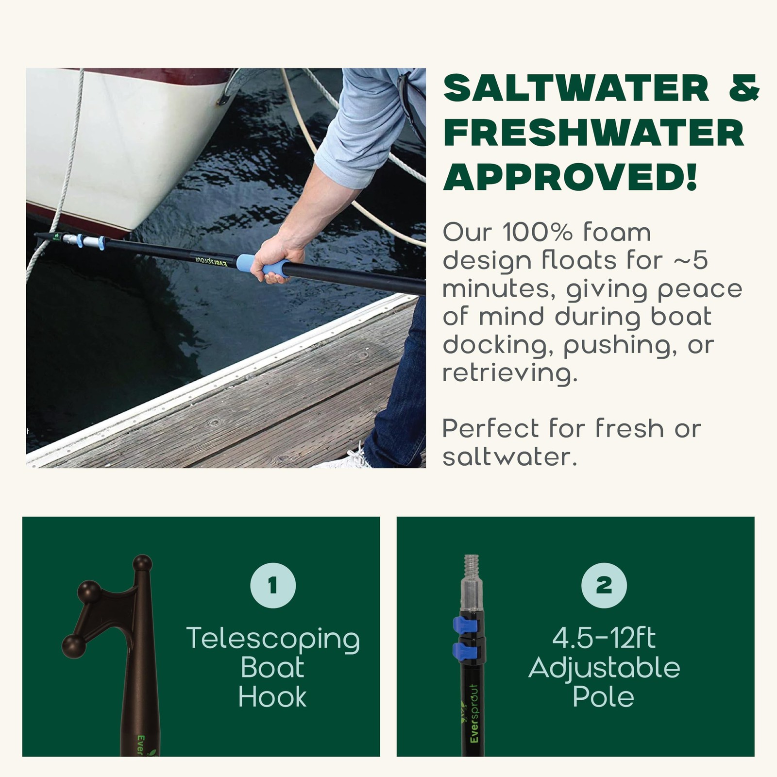 EVERSPROUT 4.5-to-12ft Durable Telescoping Boat Hook – Lightweight Push Pole for