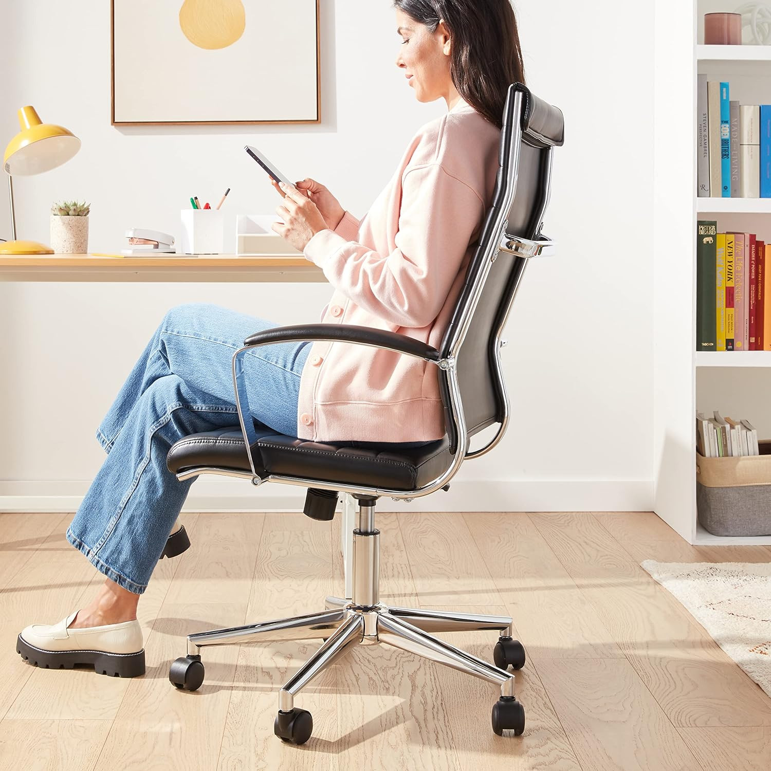 High-Back Swivel Desk Chair, Ergonomic Ribbed Faux Leather Upholstery, Lumbar Su