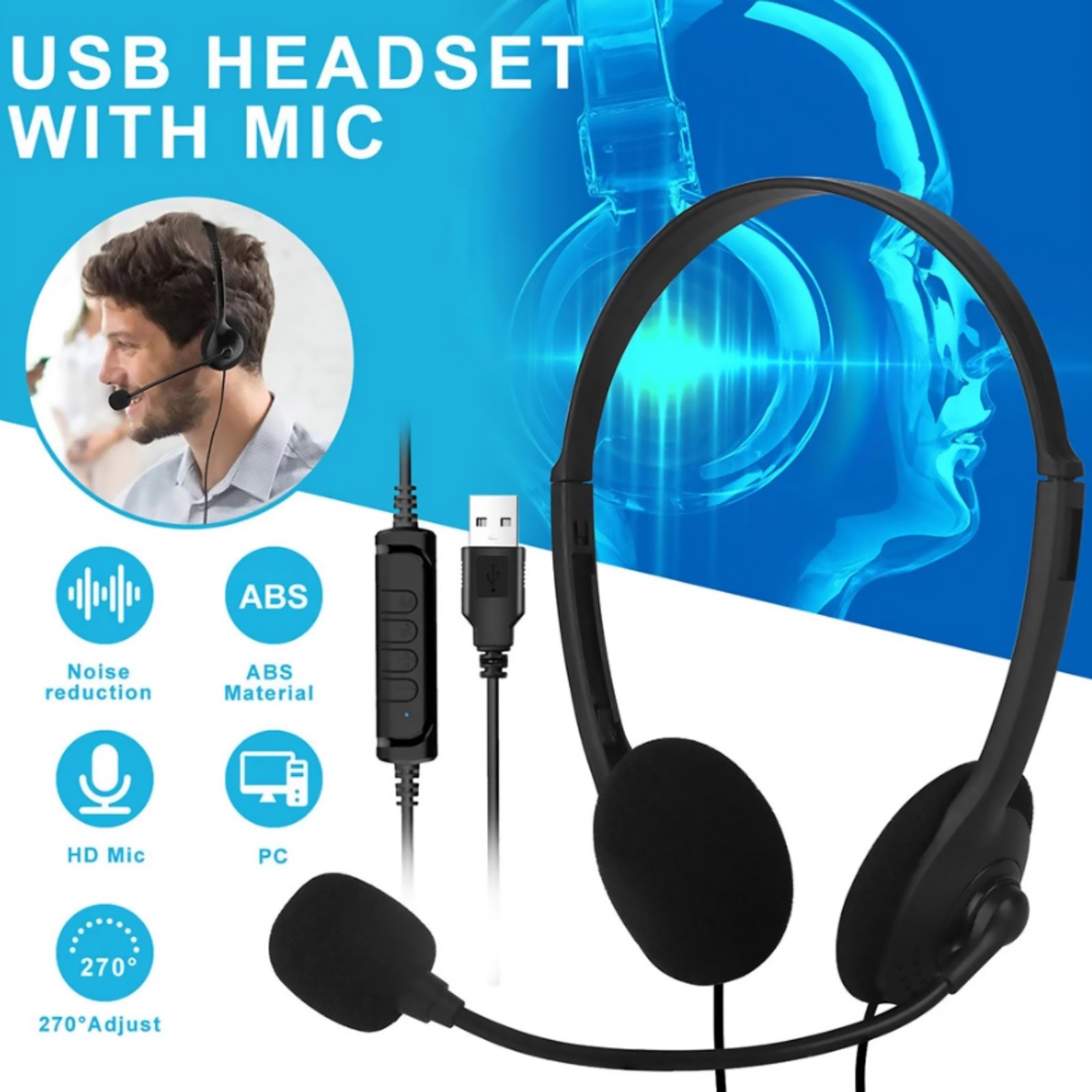 Computer USB Headset With Memory Foam Earmuff For Online Class Learning Work PC