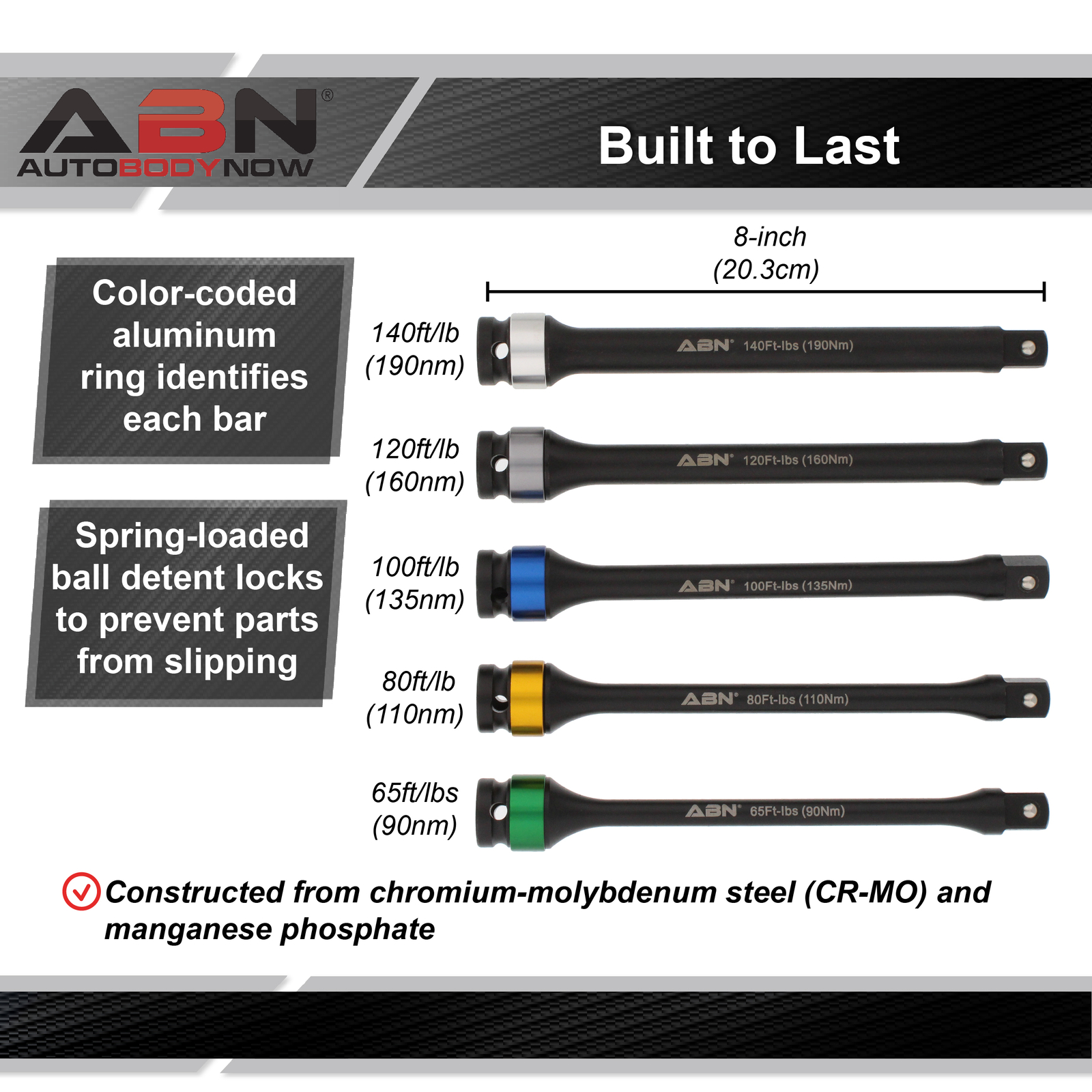 ABN 1/2” Inch Drive 8” Torque Socket Extension Bar 5pc Tool Kit 65-140ft/lb Set