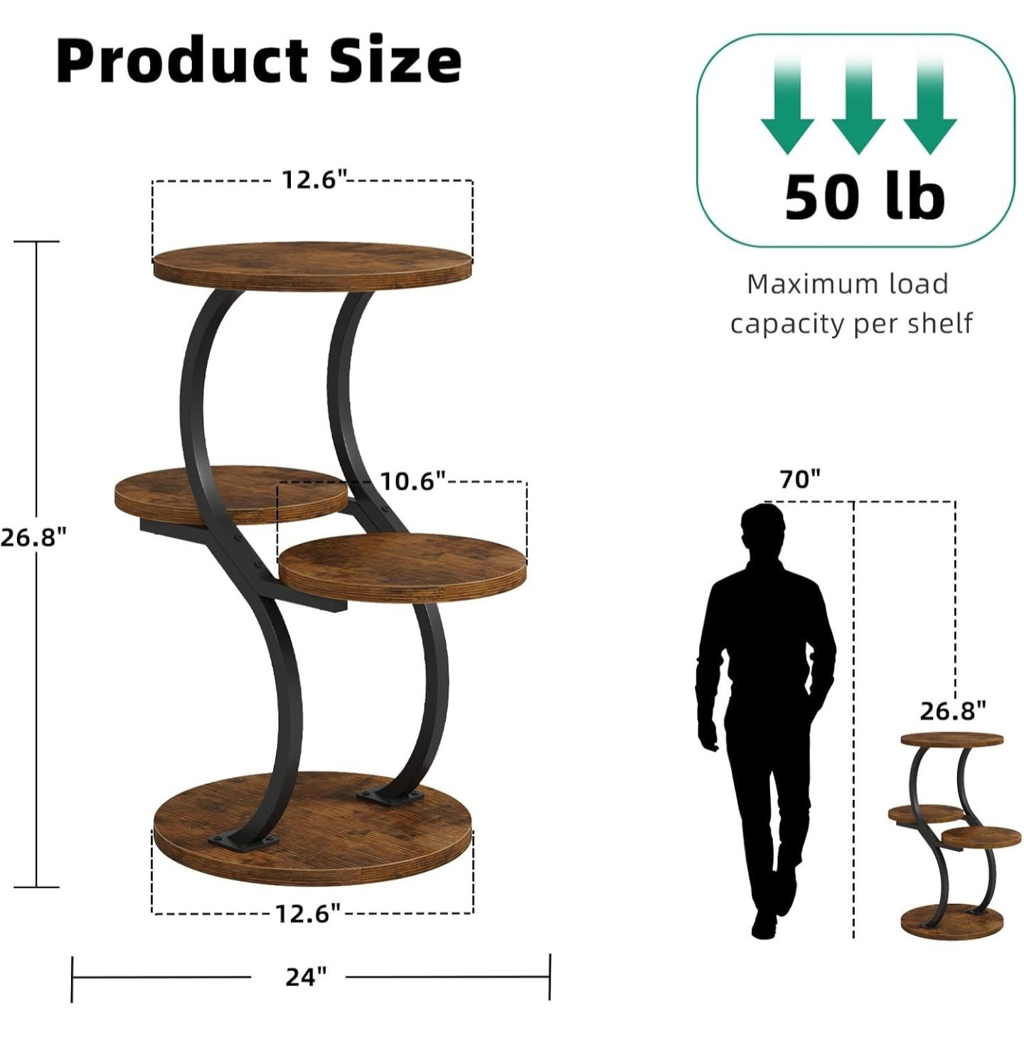 4-Tier S-Shaped Round Side Table - Rustic Brown End Coffee Accent Sofa Table