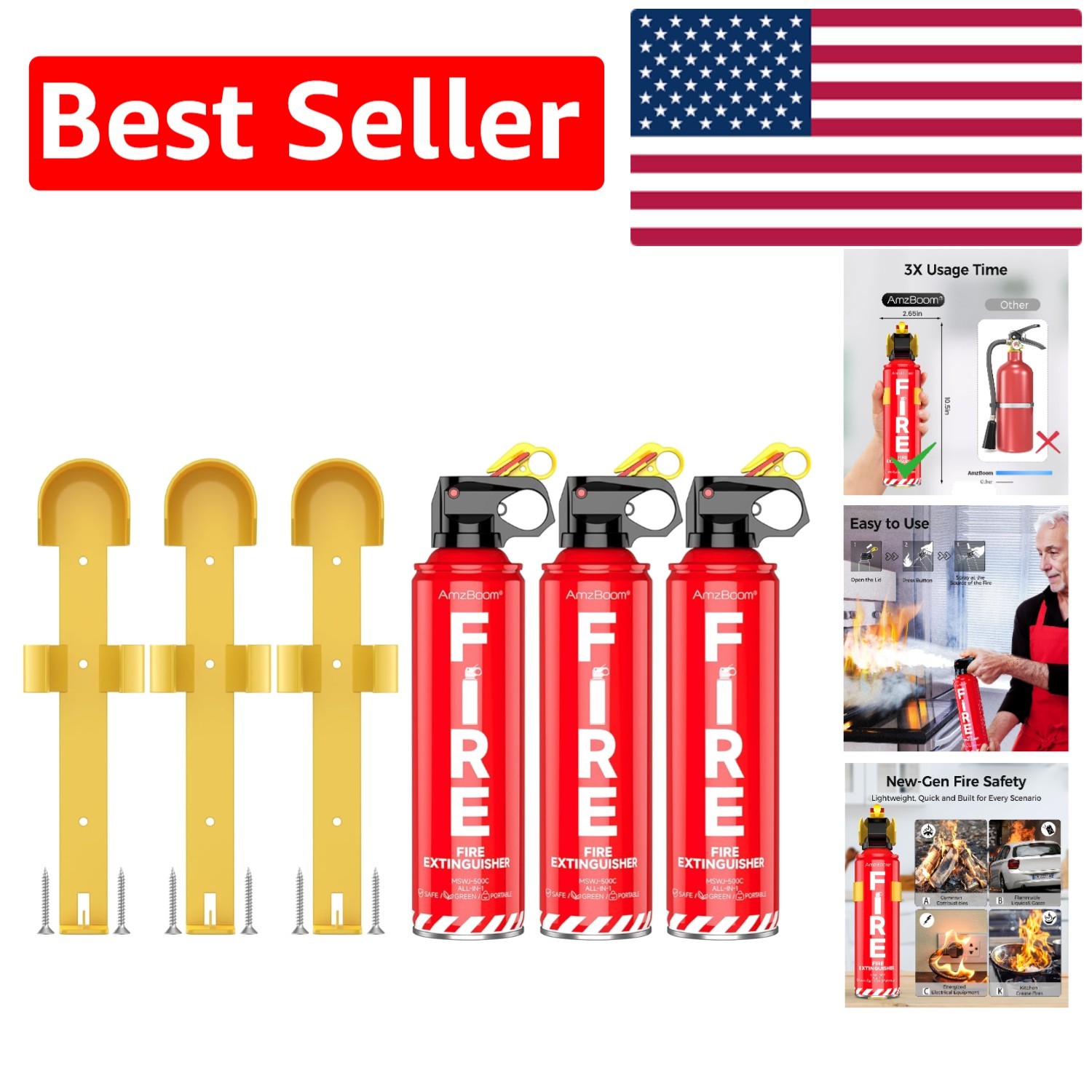 Lightweight Fire Extinguisher Set with Mounting Brackets - 3 Pack for All Fires