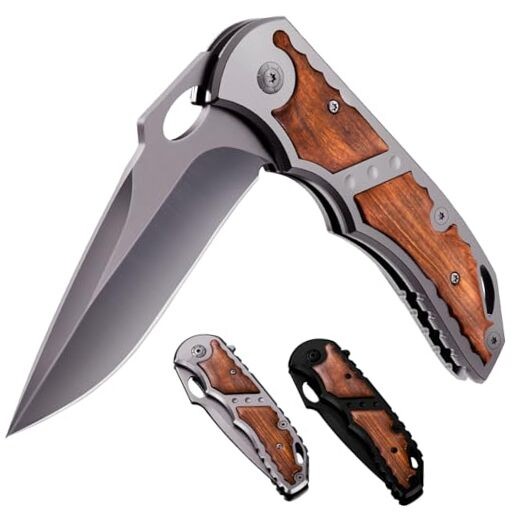Pocket Knife for Men - 5Cr15MoV Sharp Folding Blade with Wood Handle - 1. Gray