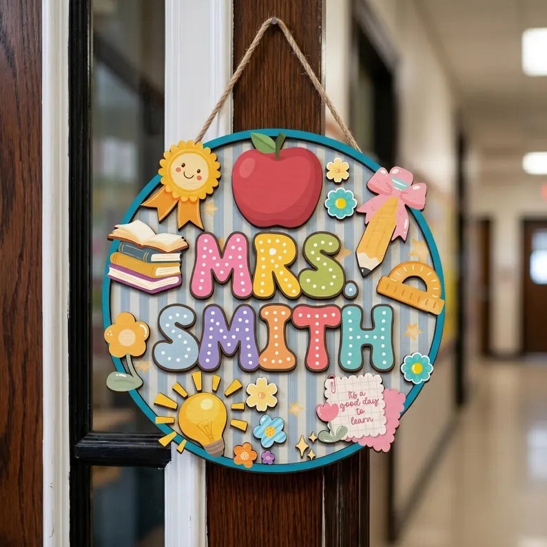 Custom Teacher Classroom Name Wooden Sign with Rope
