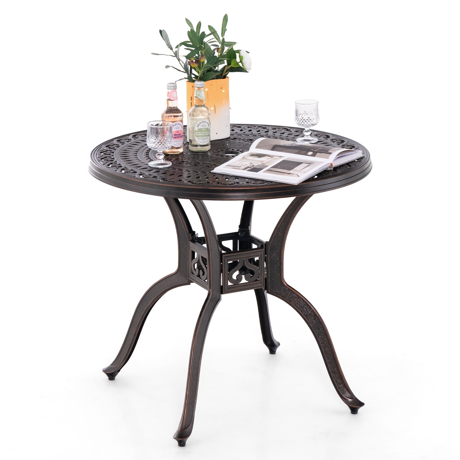 31.5" Cast Aluminum Table Patio Round Dining Table with 2" Umbrella Hole