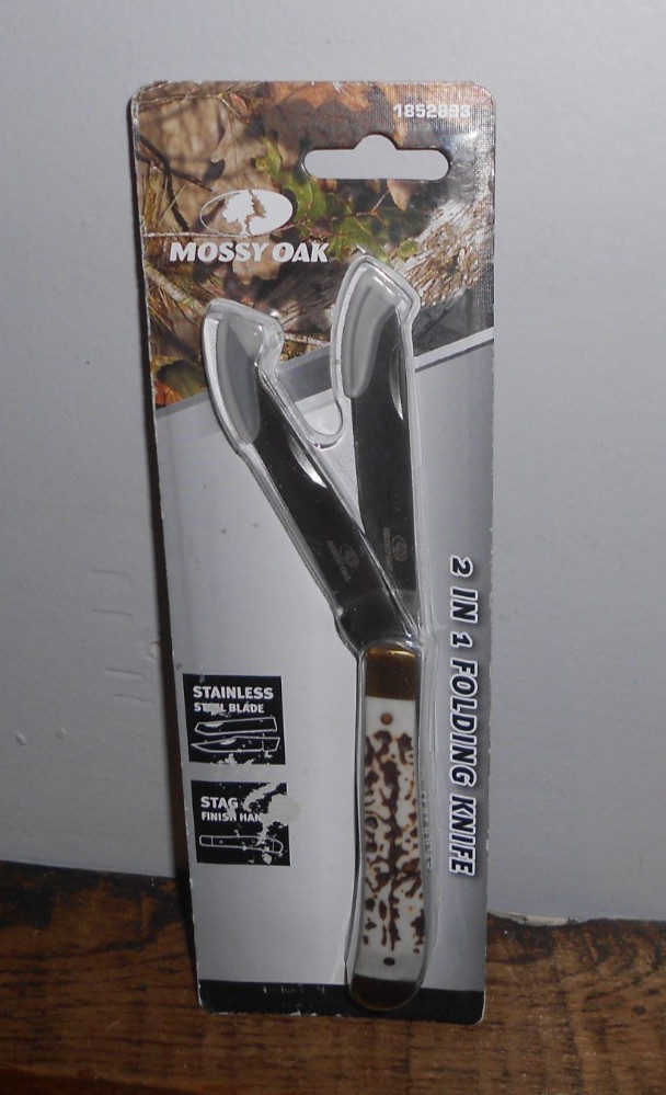 Mossy Oak 2 in 1 Folding Knife w/Stag Finish Handle *Stainless Steel Blades*