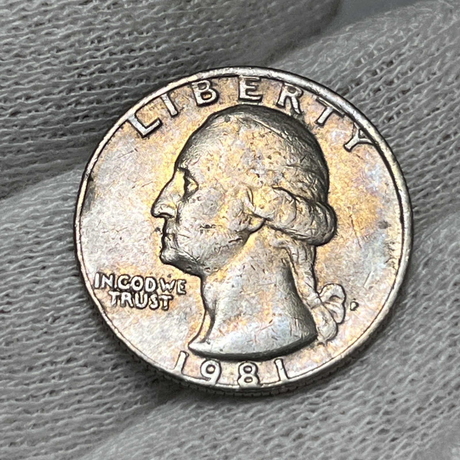 1981 P Washington Quarter Errors DDR Strike Through Grease Rainbow Toning