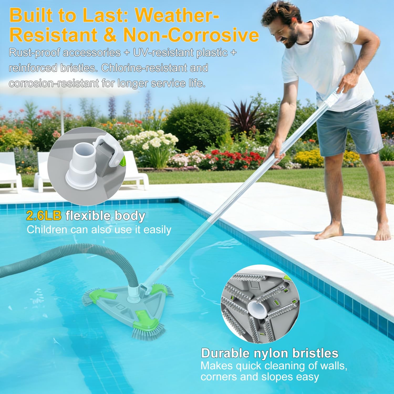 Weighted Triangular Pool Vacuum Head with Side Brushes for Inground & Above