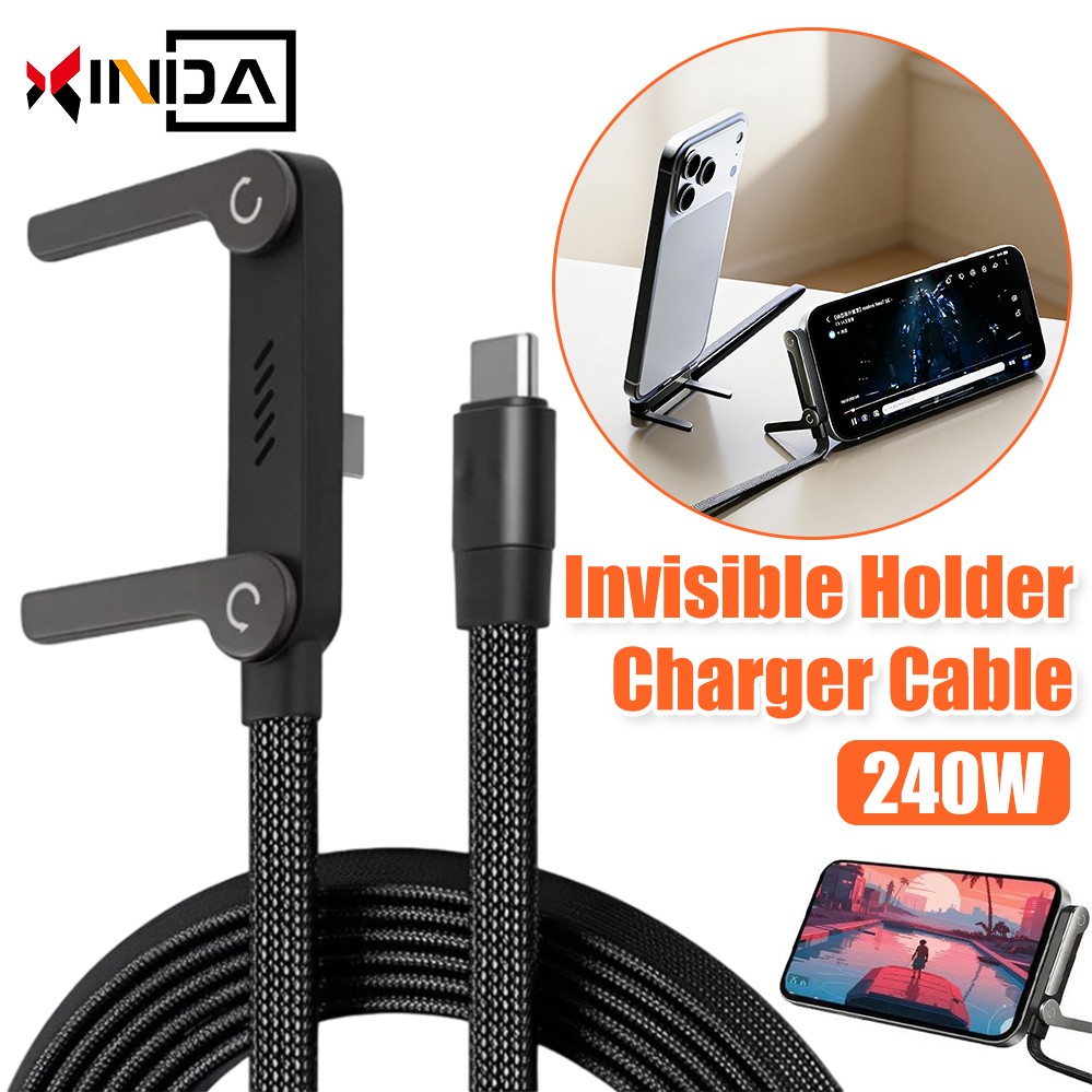 2-in-1 Invisible Holder Charger Cable–240W Fast Charging Cord with Phone Stand