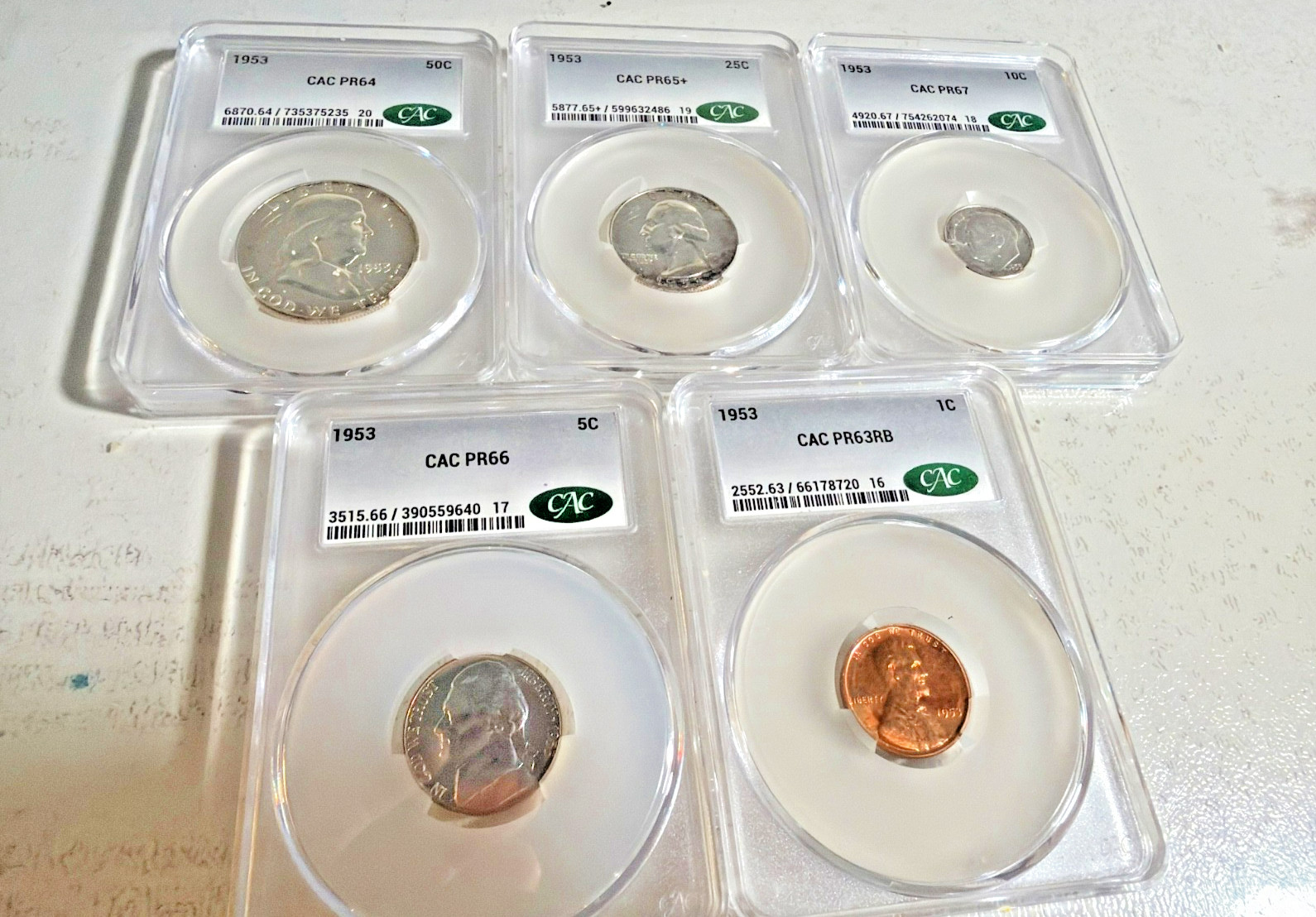 1953 CAC Proof Set PR 64, 65+, 67, 66, 63 RB