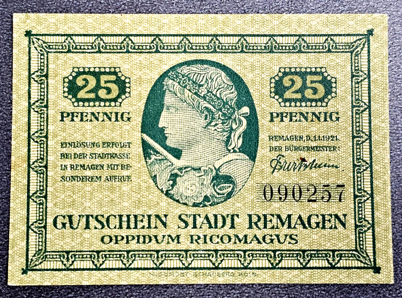 REMAGEN NOTGELD 25 PFENNIG 1921 EMERGENCY MONEY GERMANY BANKNOTE (34065)
