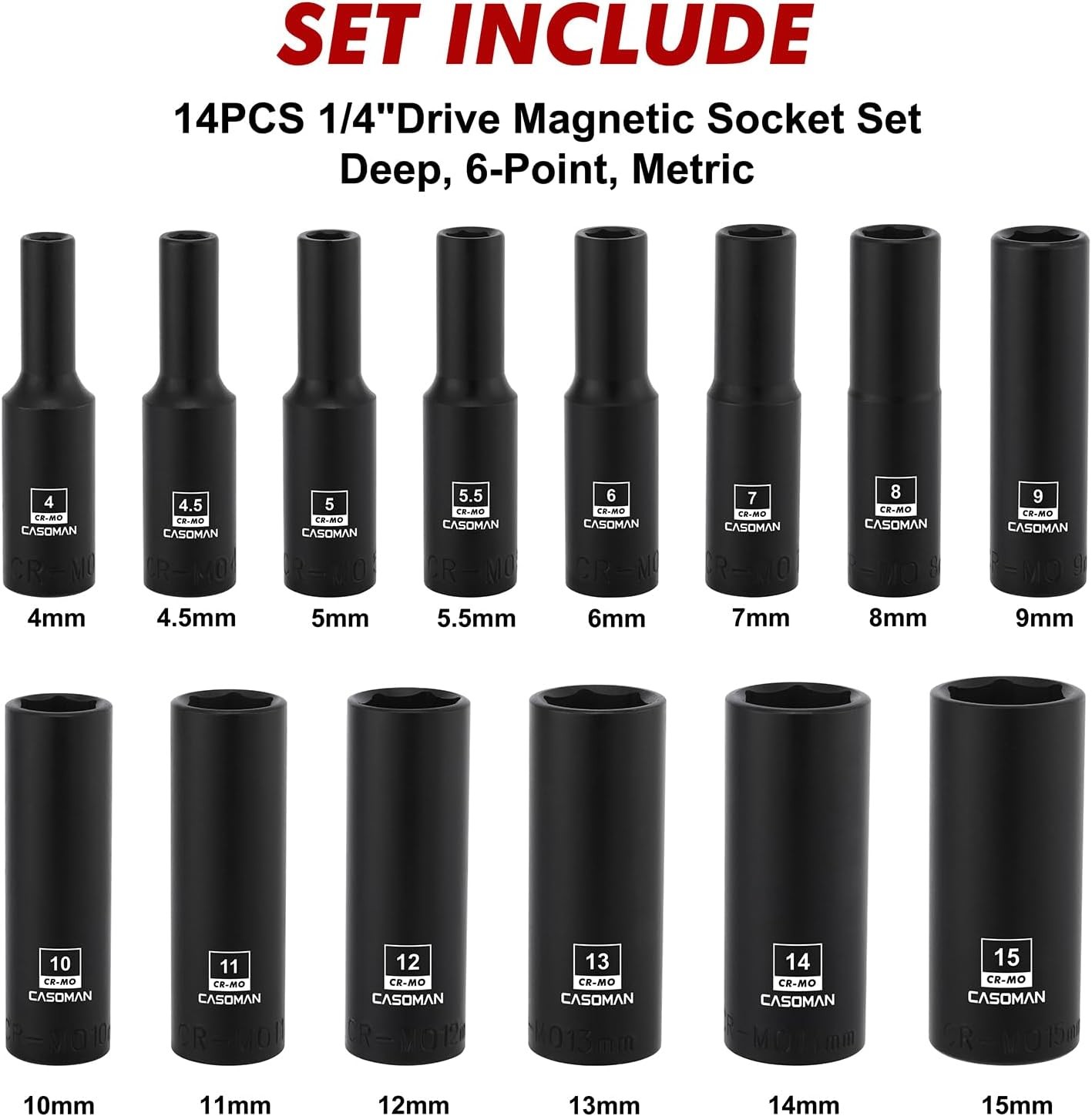 14 PCS 1/4"Drive Magnetic Impact Socket Set Deep 6-Point Metric 4Mm to 15Mm