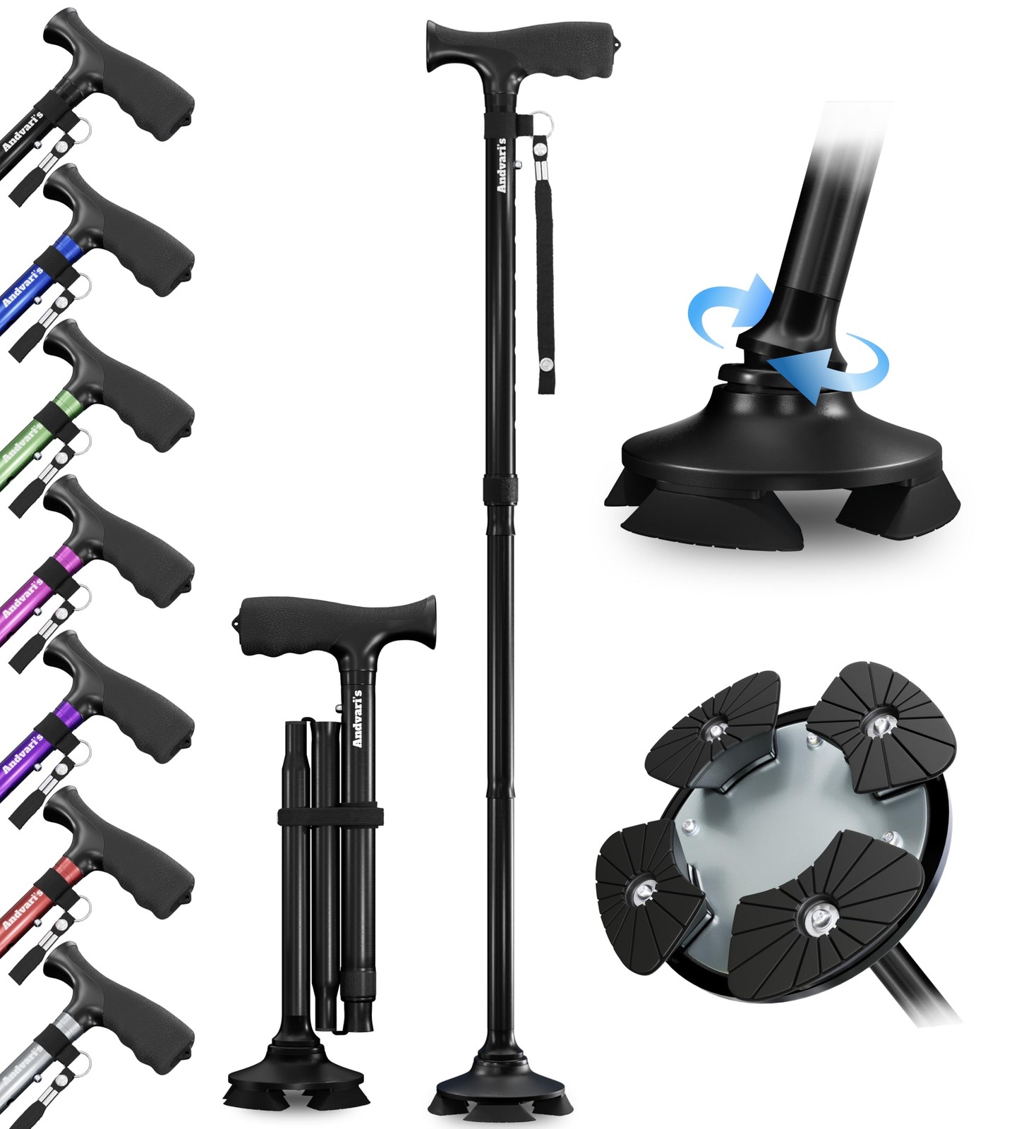 Andvari Walking Canes for Men, All Terrain, Universal and Adjustable, Black