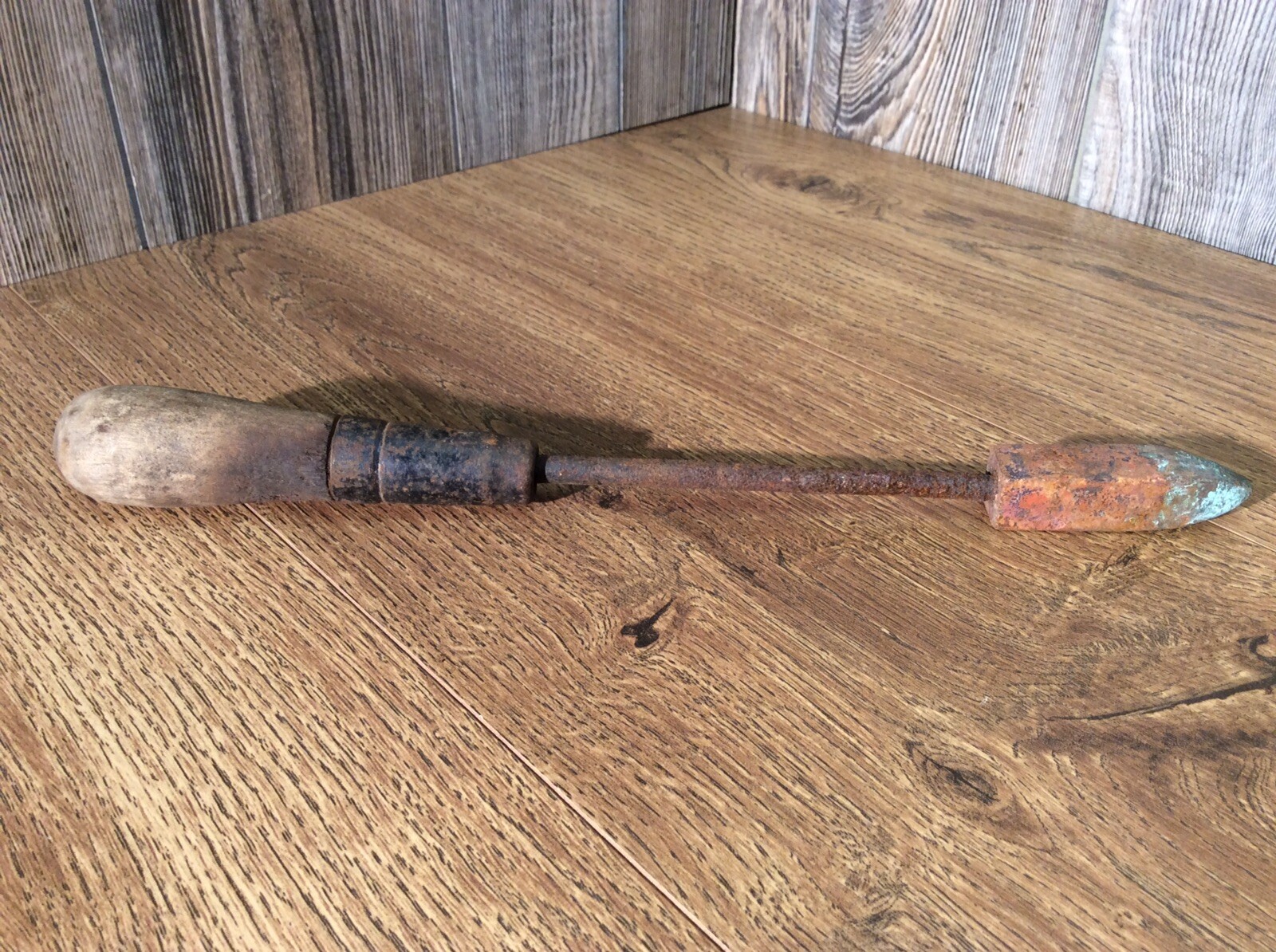 Antique Soldering Iron Copper Head Wood Handle Great Patina F3