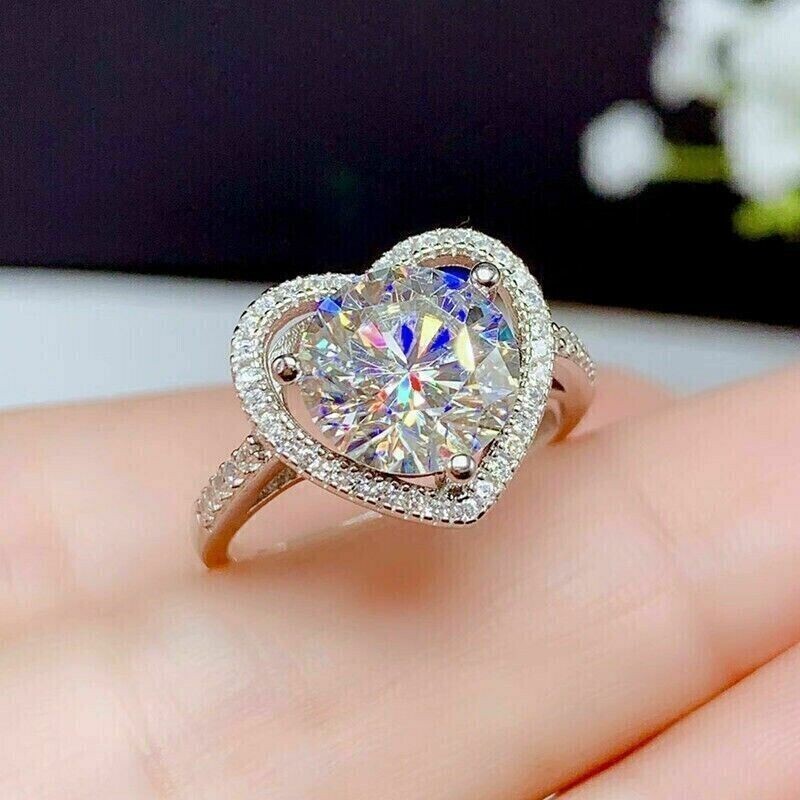 2.50 Ct Round Real Moissanite Women's Heart Halo Engagement Gift Ring 925 Silver